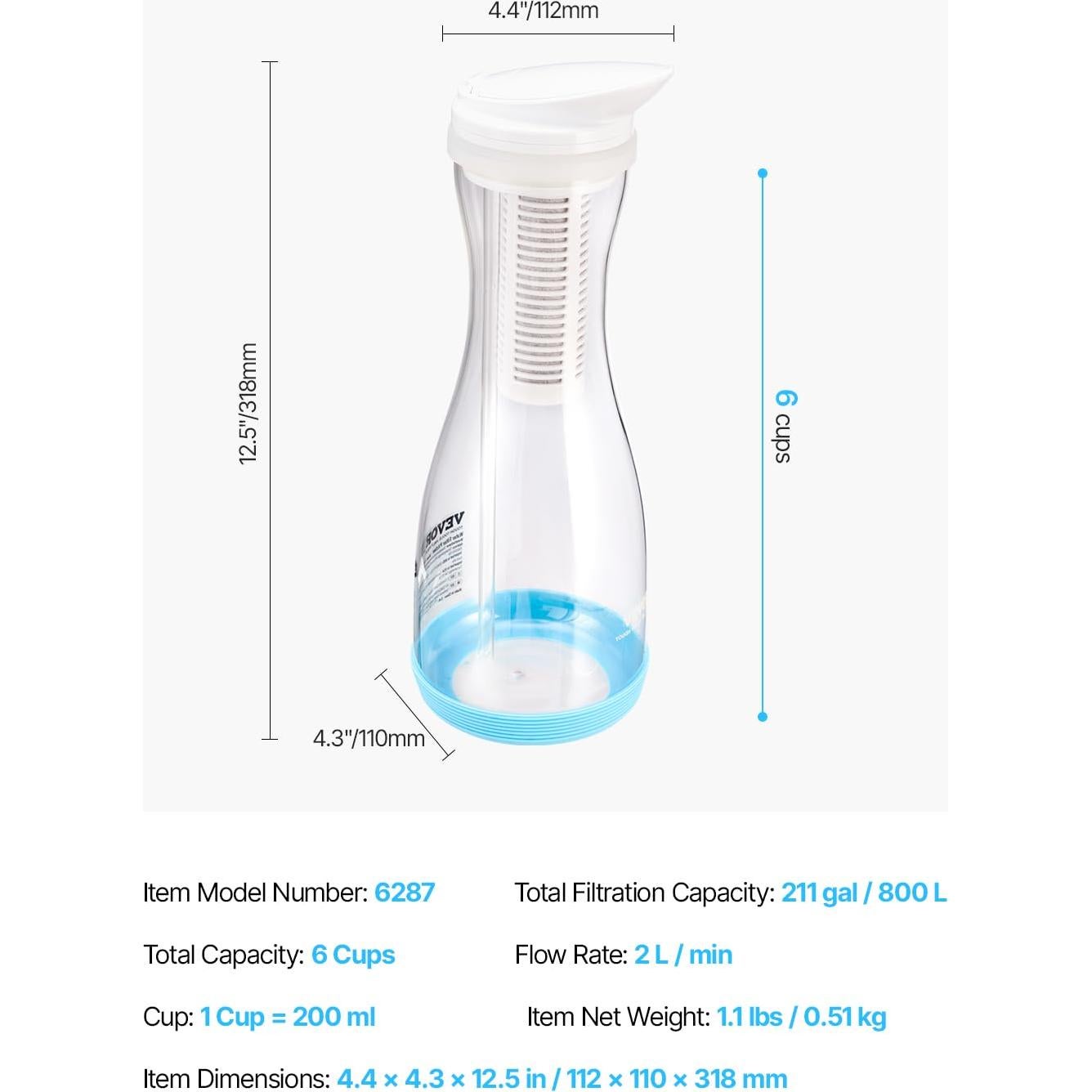 Jarra de Filtro de Agua VEVOR de Vidrio 6 Tazas Sin BPA