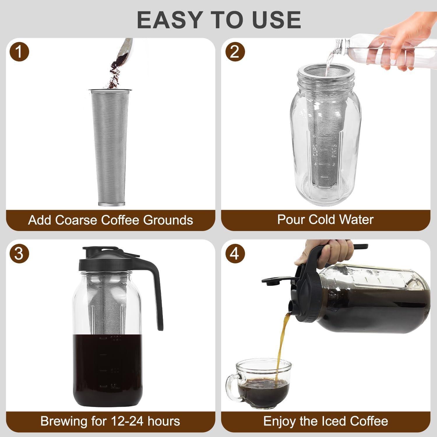 Jarra de Café Frío Heyglee 1.89L con Filtro Acero Inoxidable