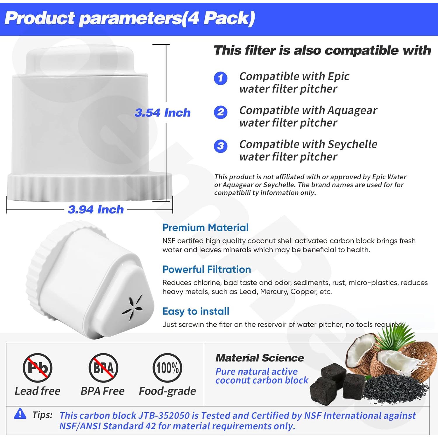 Filtro de Agua 4Pack OemRep para Jarra EPIC - Elimina Fluoruros