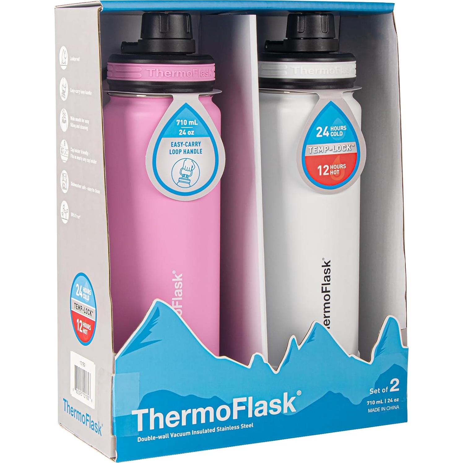 Juego de 2 Botellas de Agua ThermoFlask 710 ml Aisladas Doble Pared