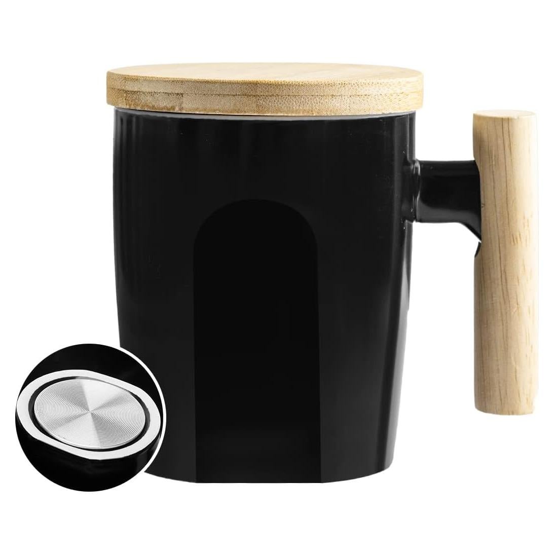 Taza de Cerámica HOWAY 414 ml con Tapa de Madera y Fondo Plano