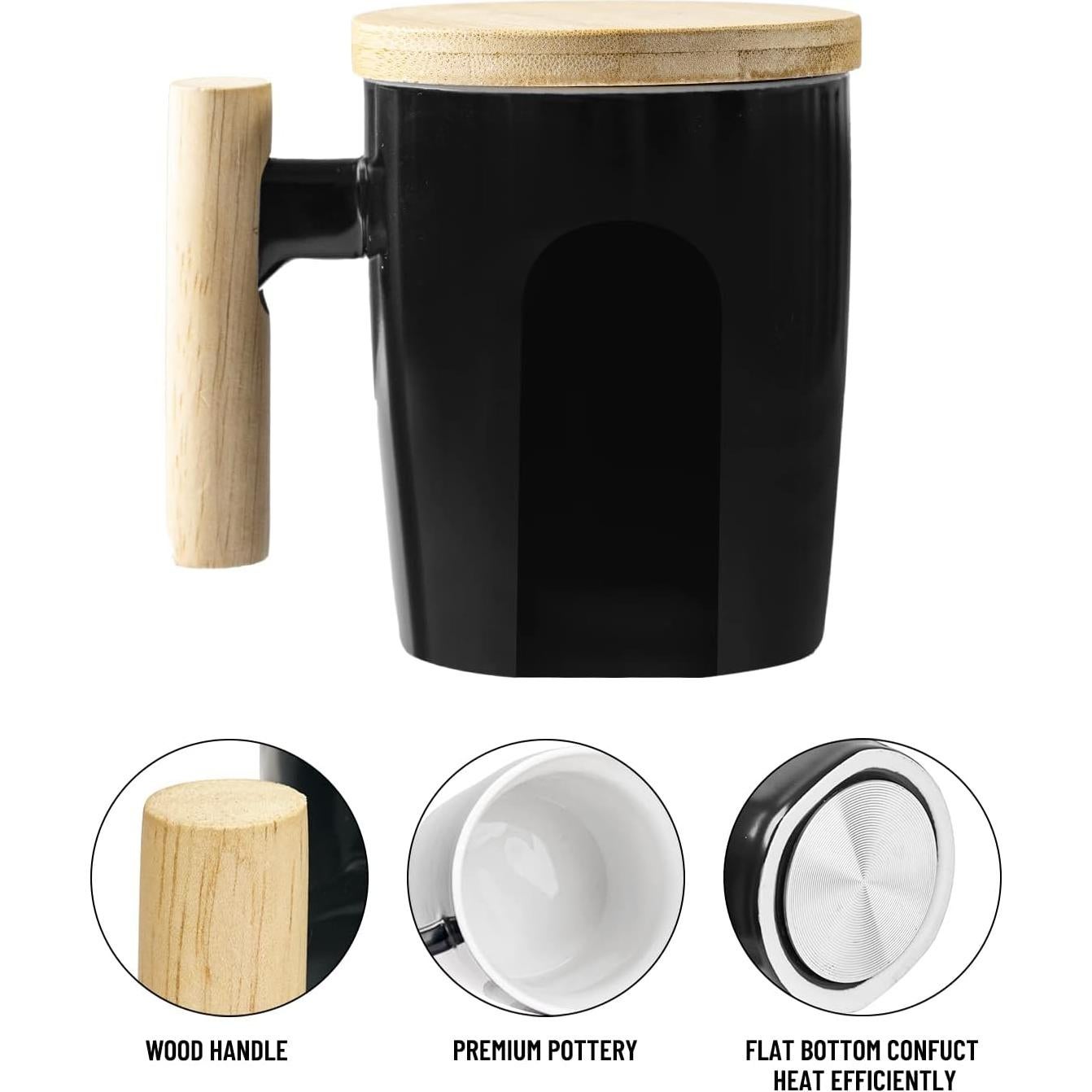 Taza de Cerámica HOWAY 414 ml con Tapa de Madera y Fondo Plano