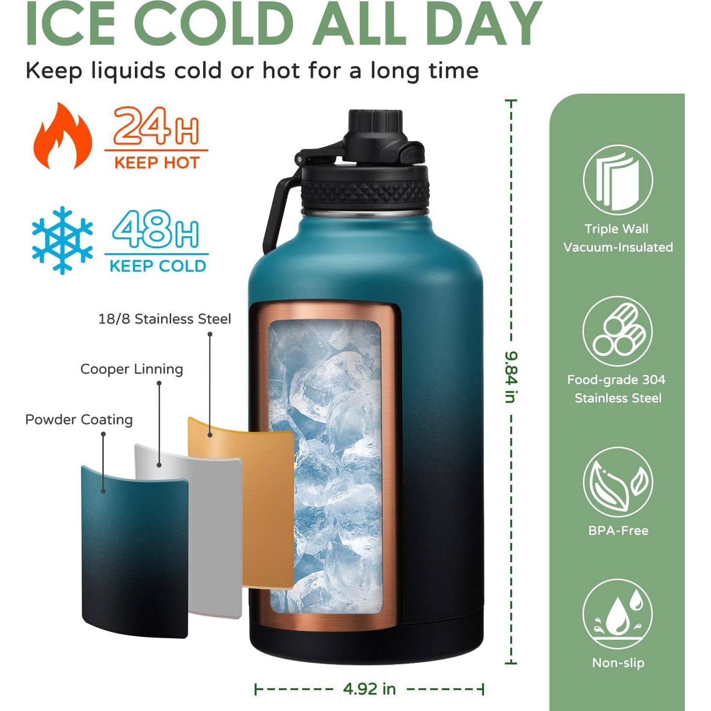 Botella de Agua Aislada ICIOI 1.81L con Tapa de Popote y Asa