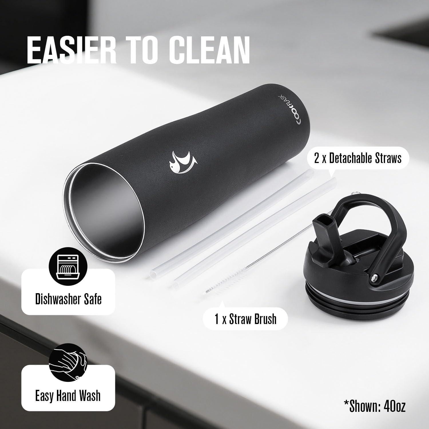 Botella de Agua Aislada Coolflask 40 oz Acero Inoxidable Negro