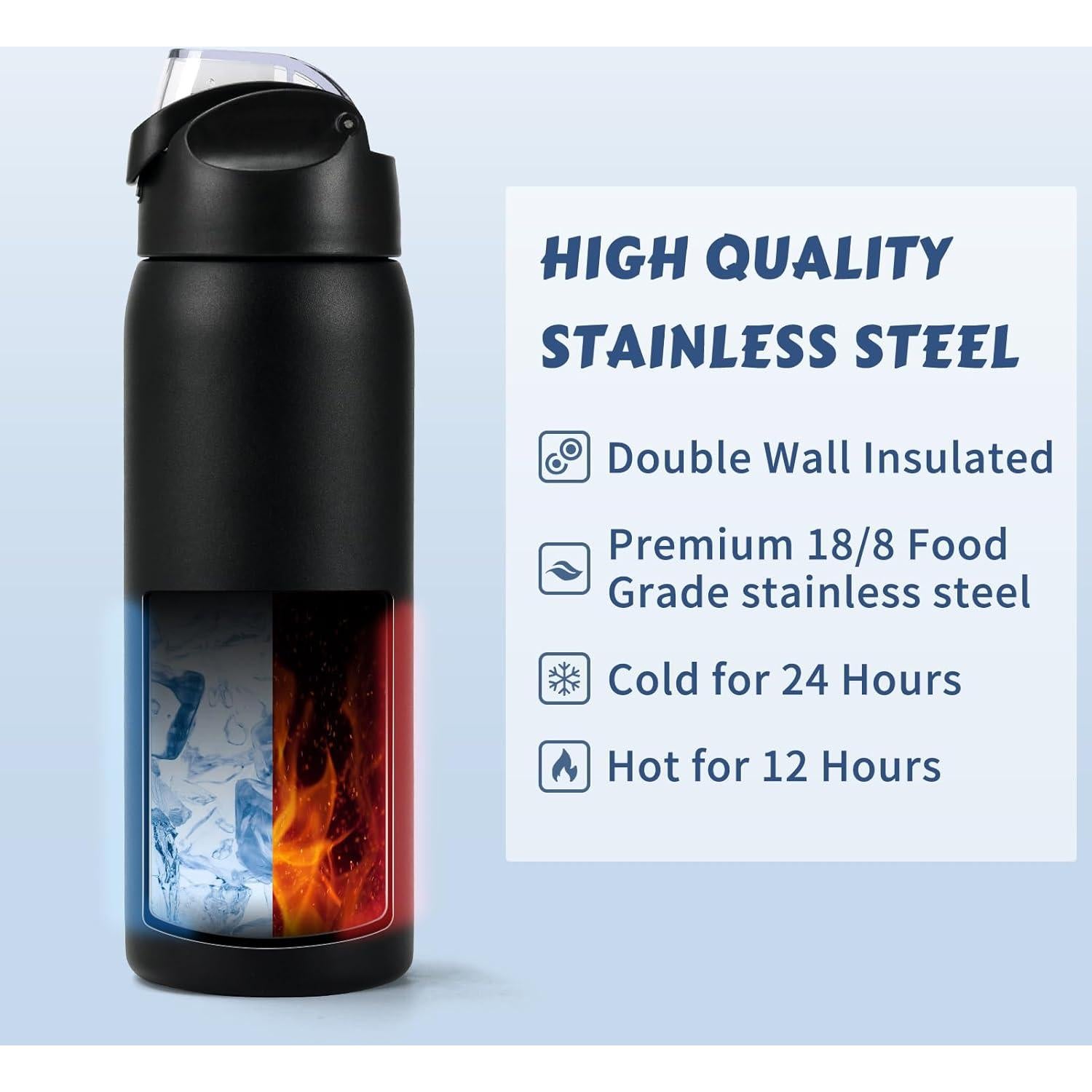 Botella de Agua Aislada MEBRUDY 0.91L Acero Inoxidable Negro