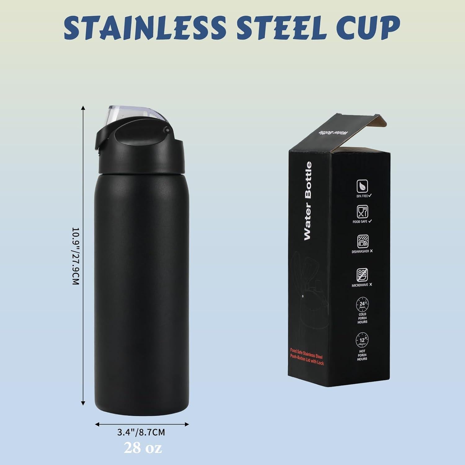 Botella de Agua Aislada MEBRUDY 0.91L Acero Inoxidable Negro