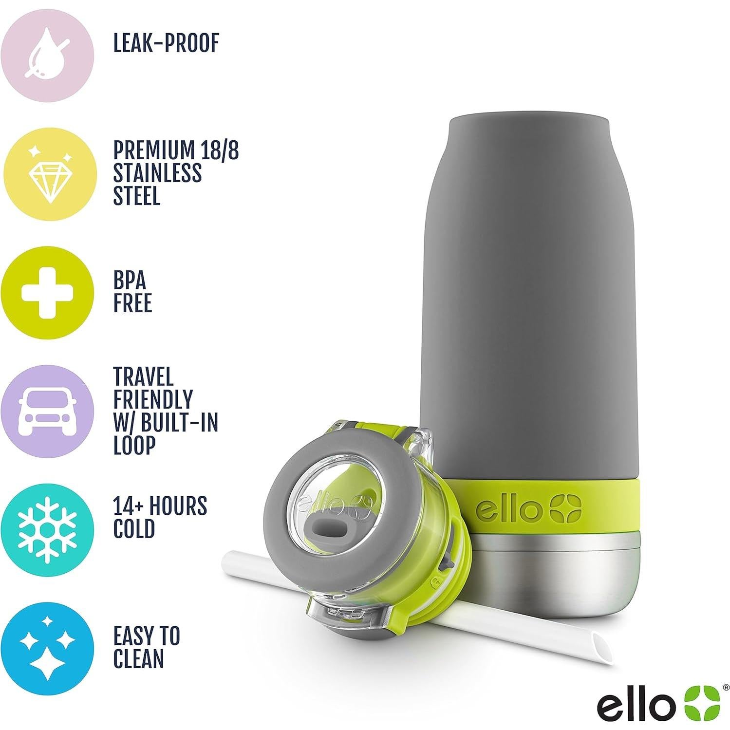 Botella de Agua Infantil Ello Emma 414ml Acero Inoxidable Gris/Verde