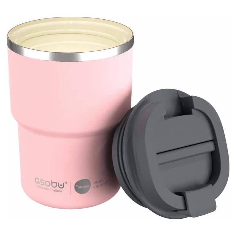 Taza de Viaje Aislada Asobu 12 oz Cerámica Rosa a Prueba de Fugas