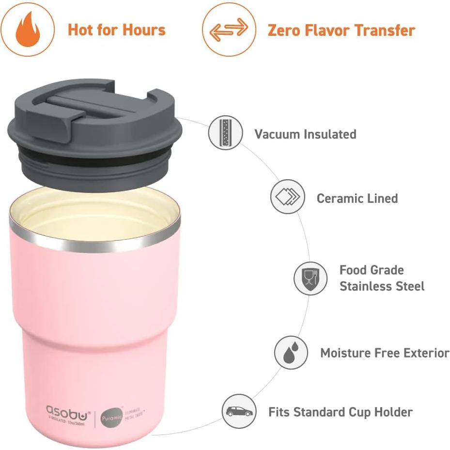 Taza de Viaje Aislada Asobu 12 oz Cerámica Rosa a Prueba de Fugas