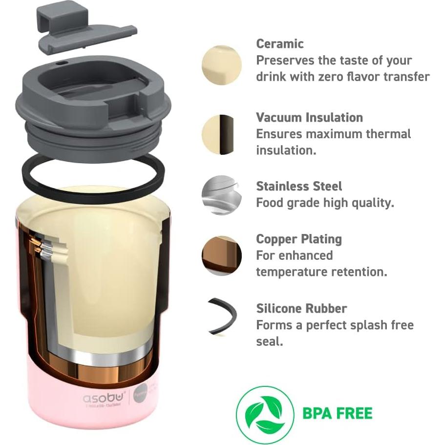 Taza de Viaje Aislada Asobu 12 oz Cerámica Rosa a Prueba de Fugas