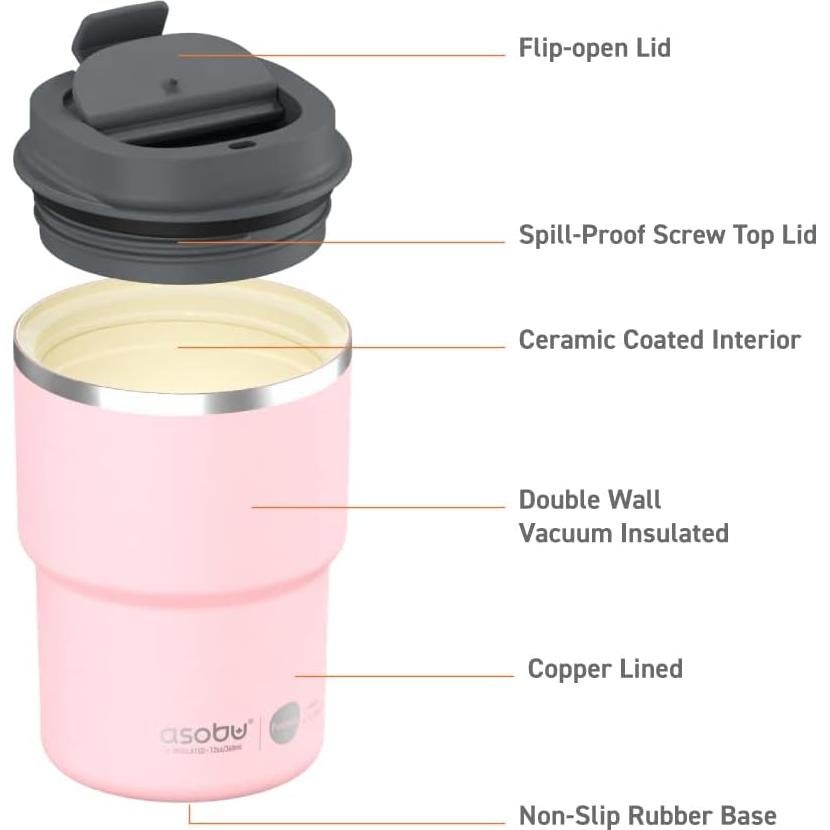 Taza de Viaje Aislada Asobu 12 oz Cerámica Rosa a Prueba de Fugas