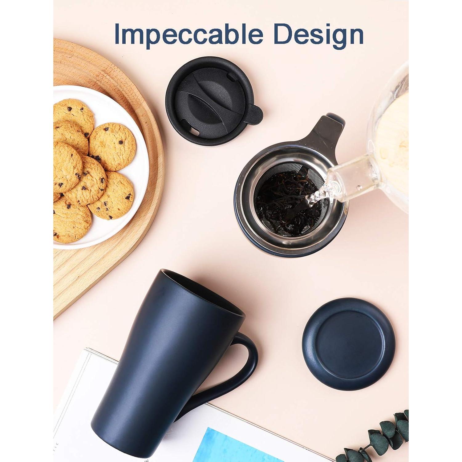 Taza de Té Grande ARRADEN con Infusor y 2 Tapas Azul 540ml