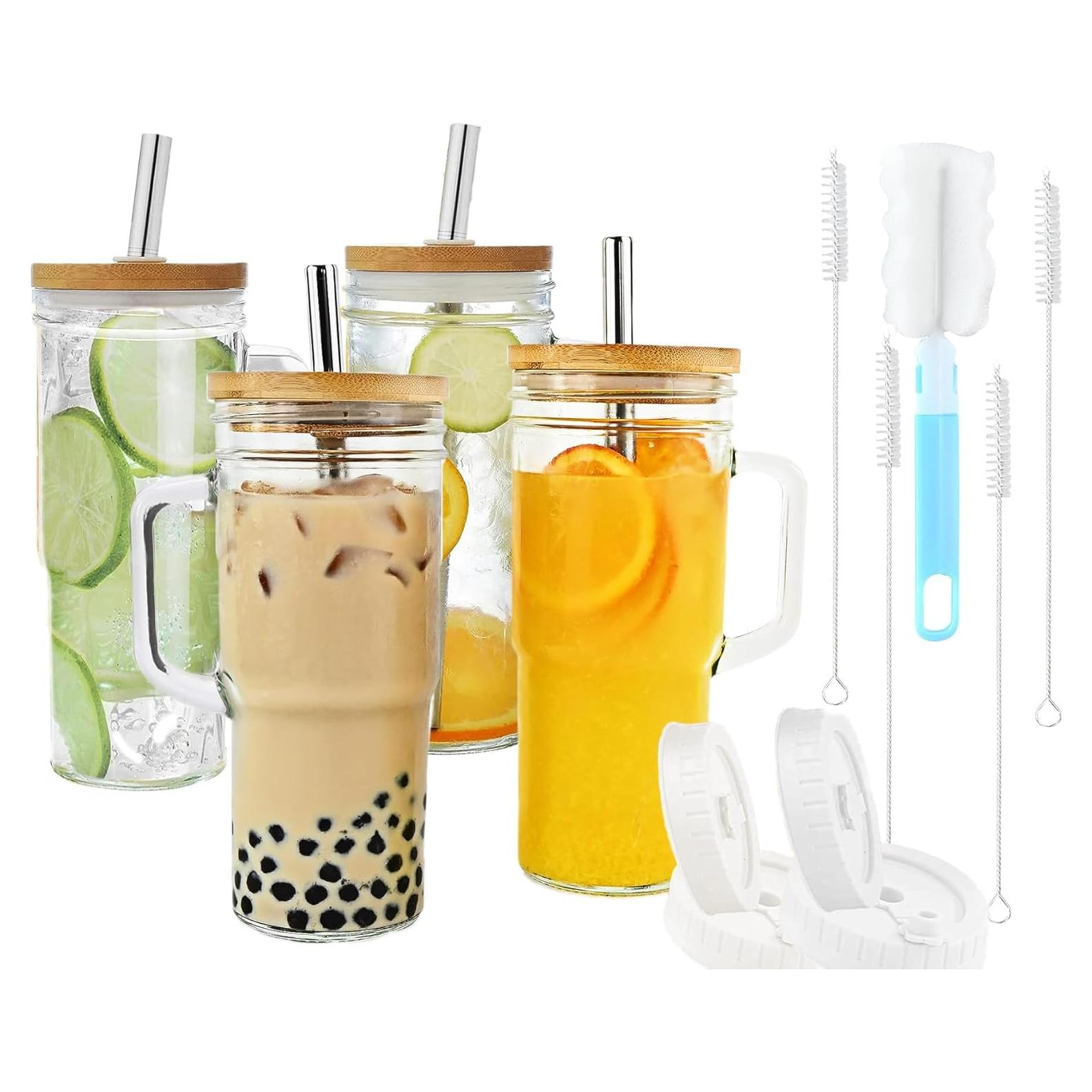 Tazas de vidrio Birity 24 oz con tapa y popote - Paquete de 4