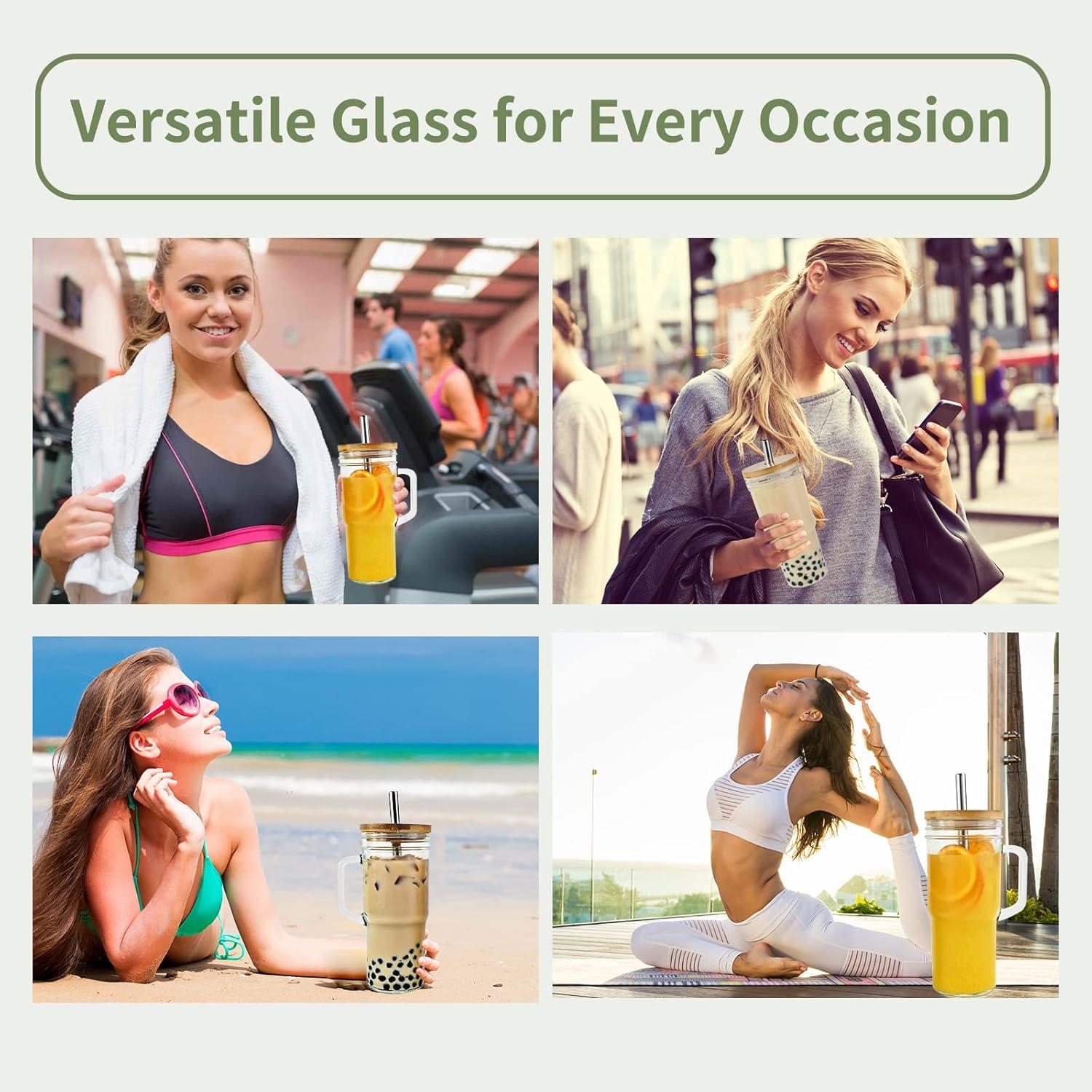 Tazas de vidrio Birity 24 oz con tapa y popote - Paquete de 4