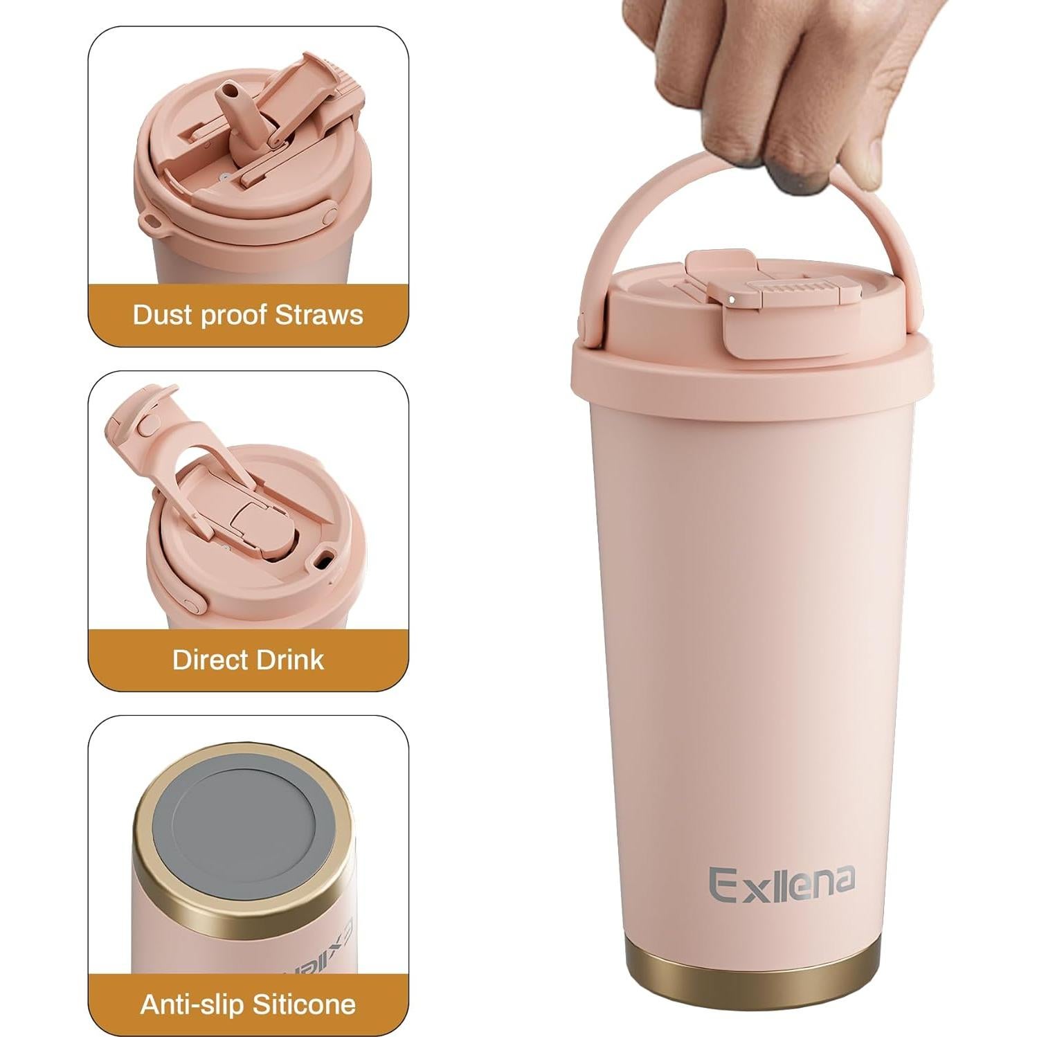 Taza de viaje Exllena 500ml acero inoxidable a prueba de fugas rosa