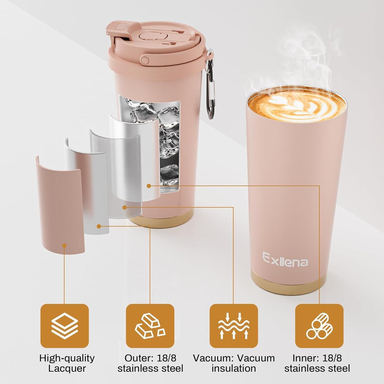 Taza de viaje Exllena 500ml acero inoxidable a prueba de fugas rosa