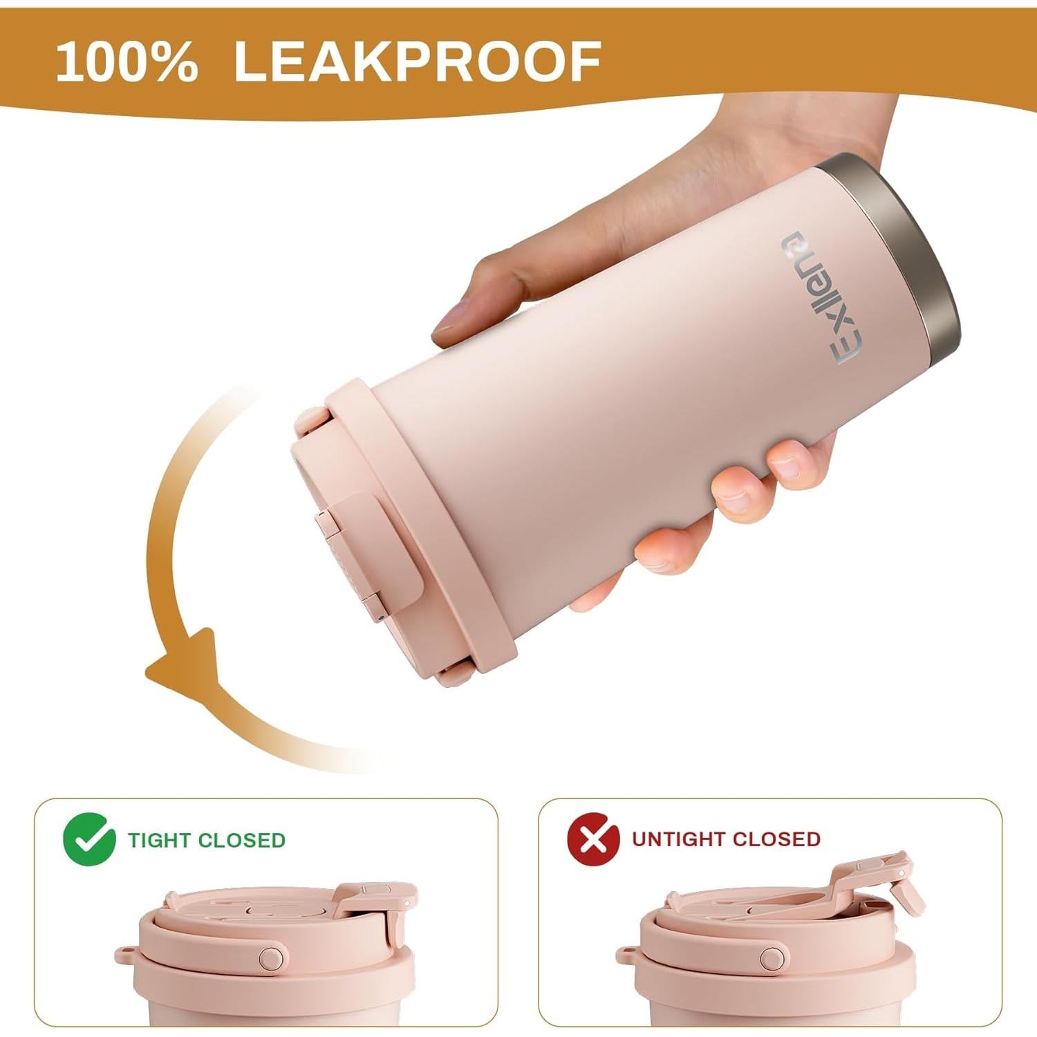 Taza de viaje Exllena 500ml acero inoxidable a prueba de fugas rosa