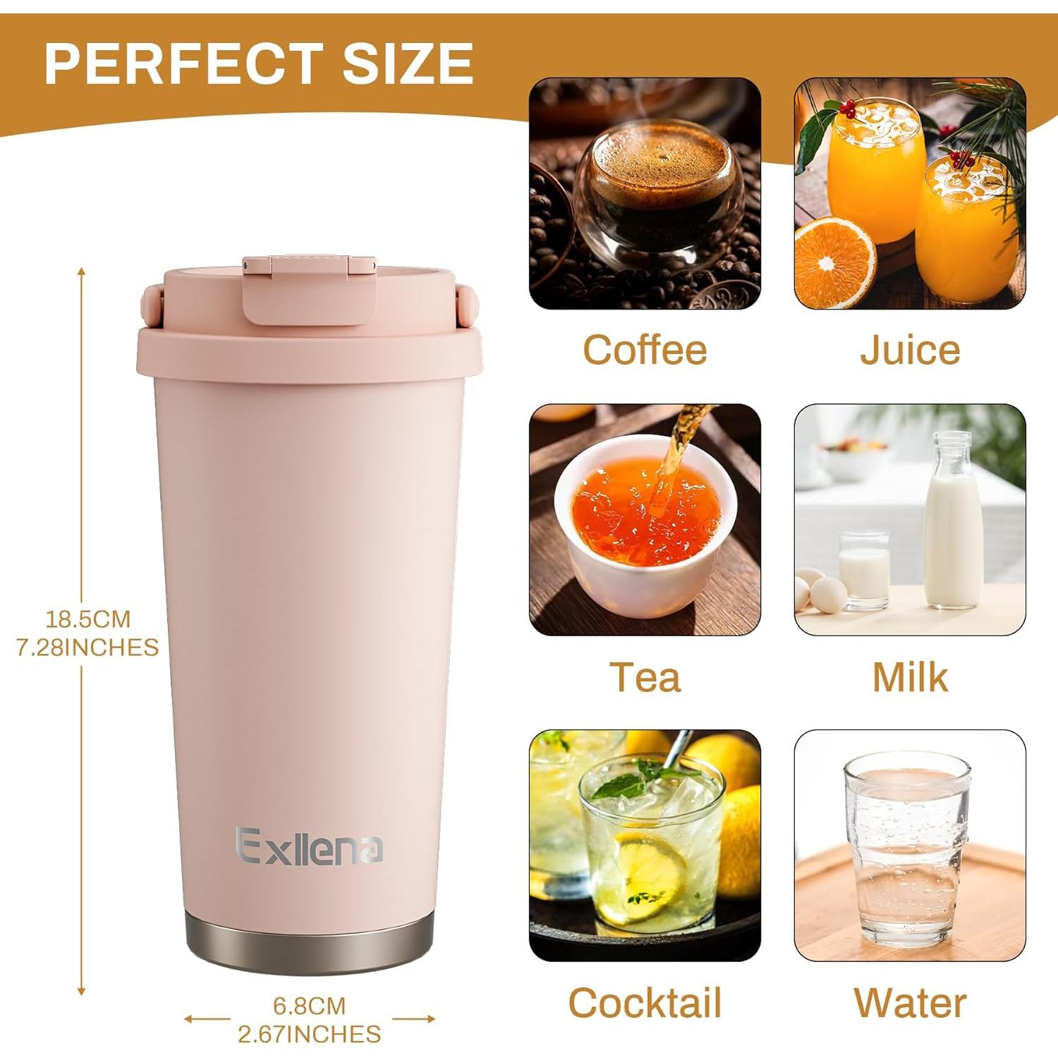 Taza de viaje Exllena 500ml acero inoxidable a prueba de fugas rosa