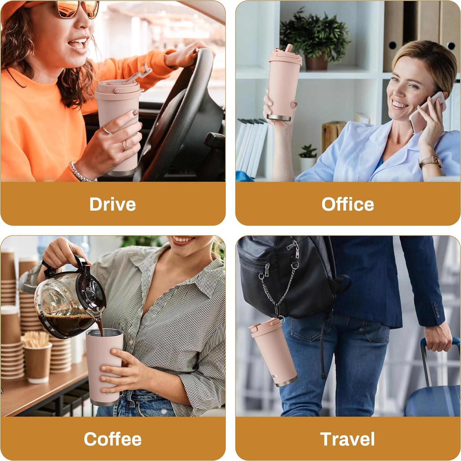 Taza de viaje Exllena 500ml acero inoxidable a prueba de fugas rosa