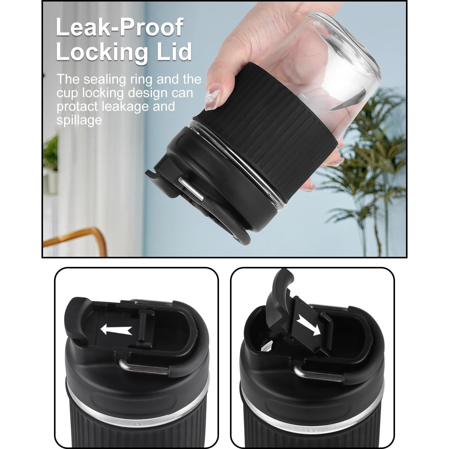 Taza de Vidrio Reutilizable Sivaphe 450 ml Negra a Prueba de Fugas