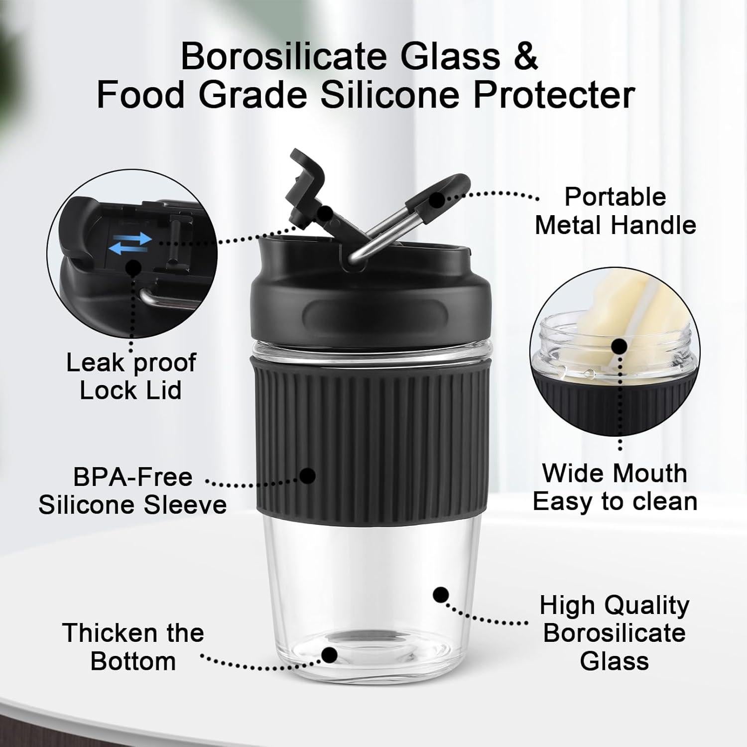 Taza de Vidrio Reutilizable Sivaphe 450 ml Negra a Prueba de Fugas