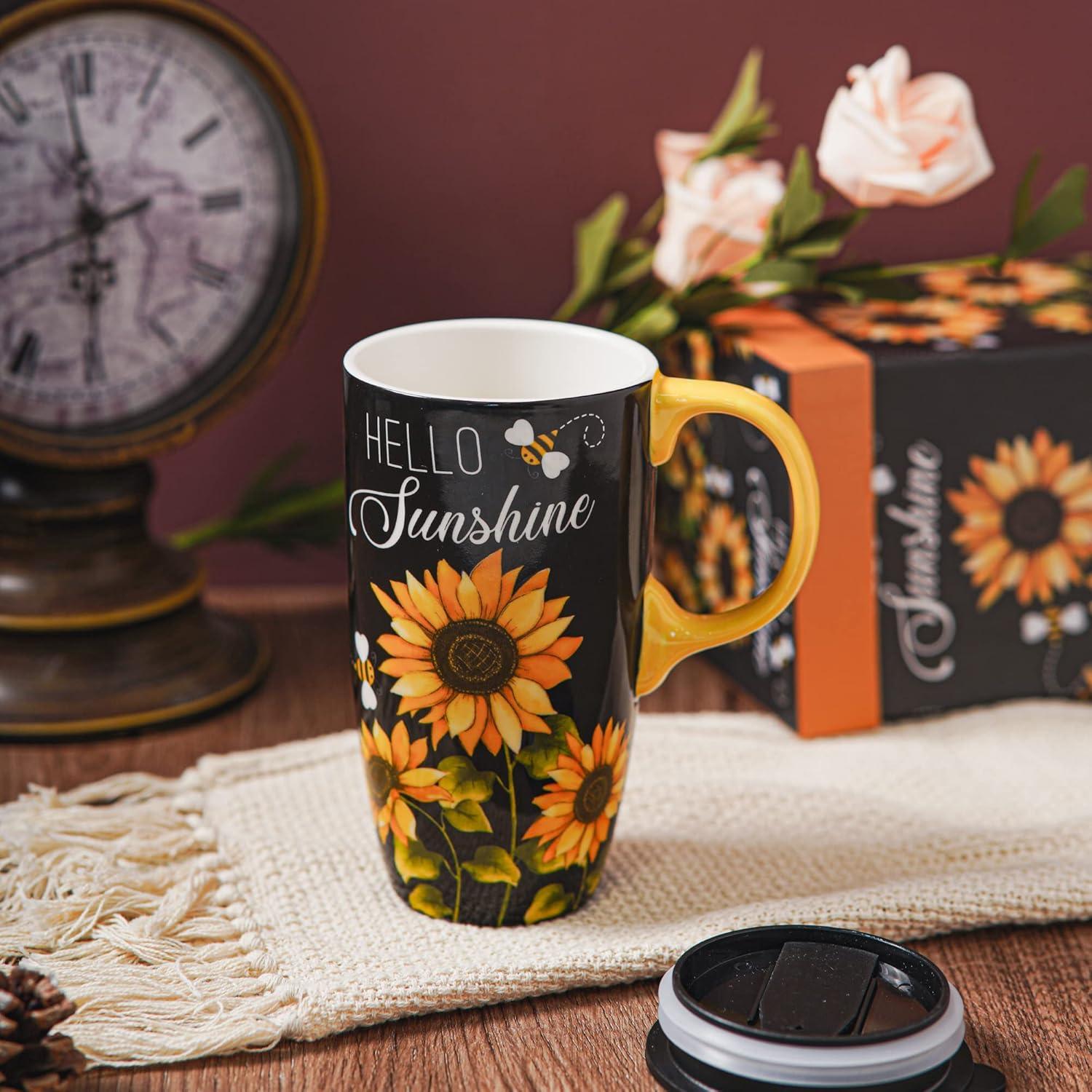 Taza de Cerámica Topadorn Girasol 500ml con Tapa y Asa