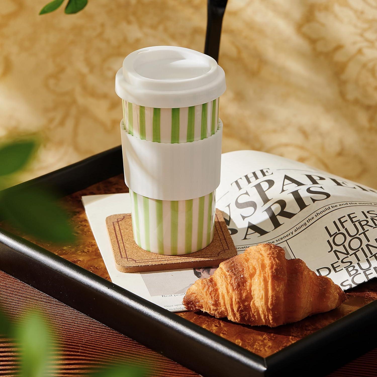 Taza de Cerámica de Viaje GIROFLIER 12oz Verde Apta Microondas