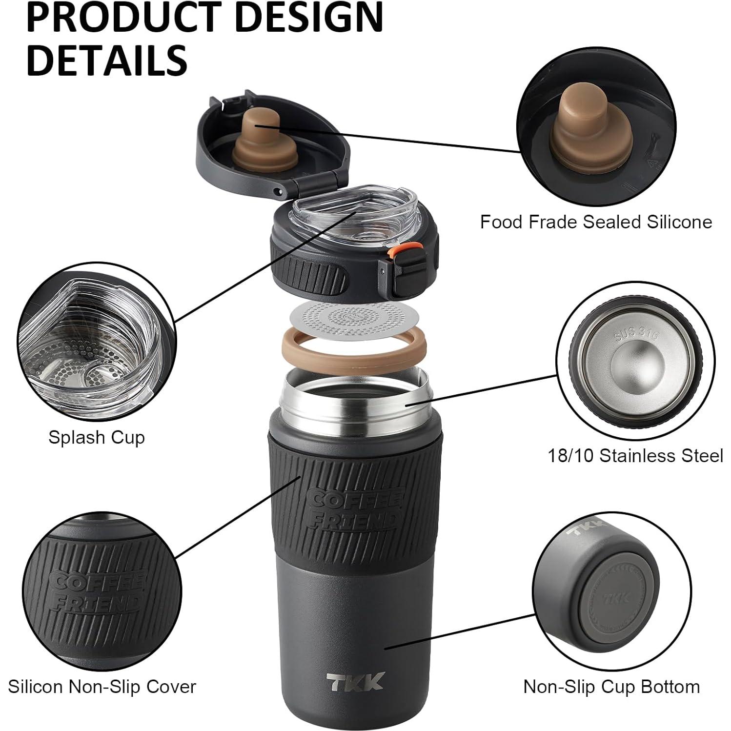 Taza de Viaje TKK 15 oz Acero Inoxidable Aislada Gris