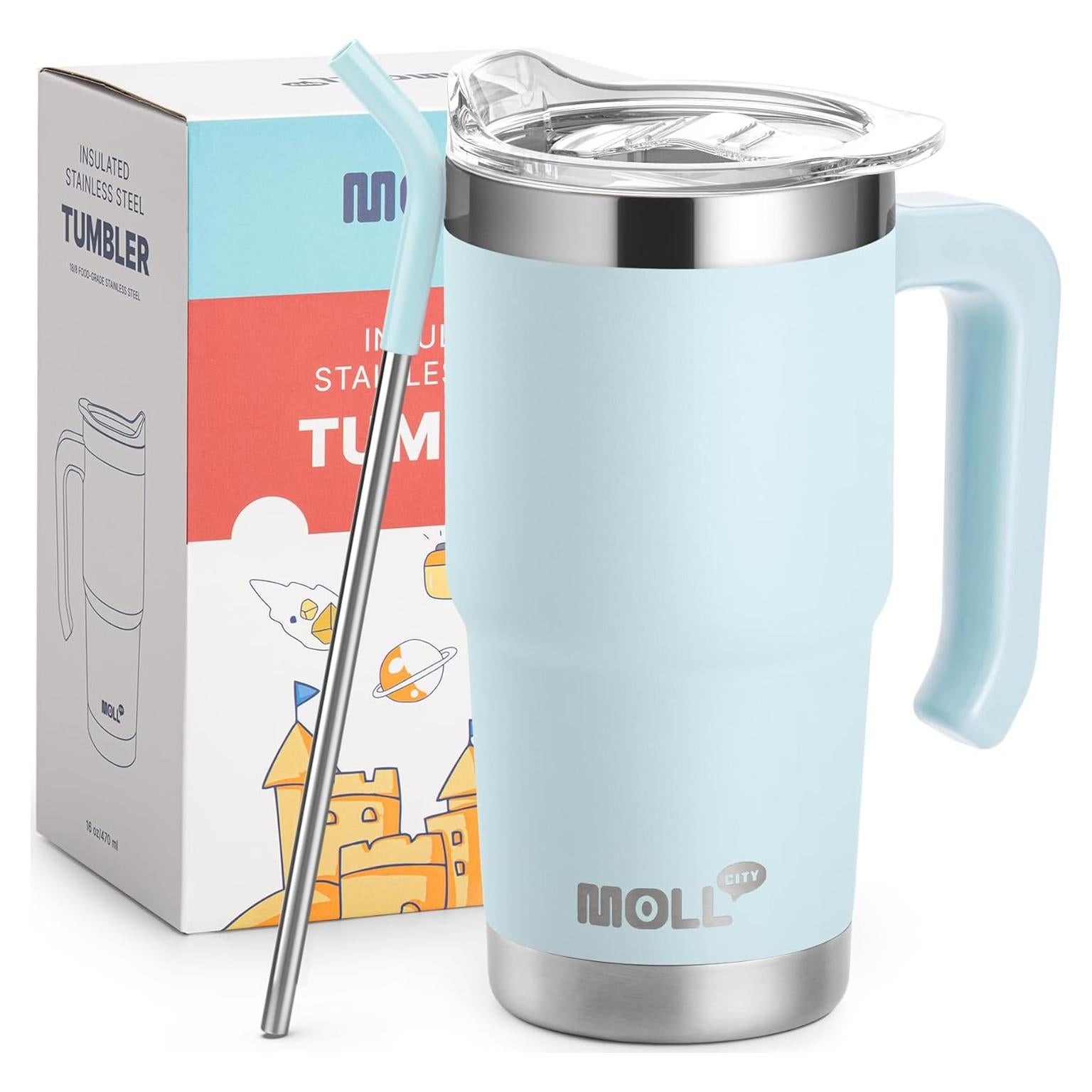 Taza de viaje Mollcity 470ml acero inoxidable azul bebé