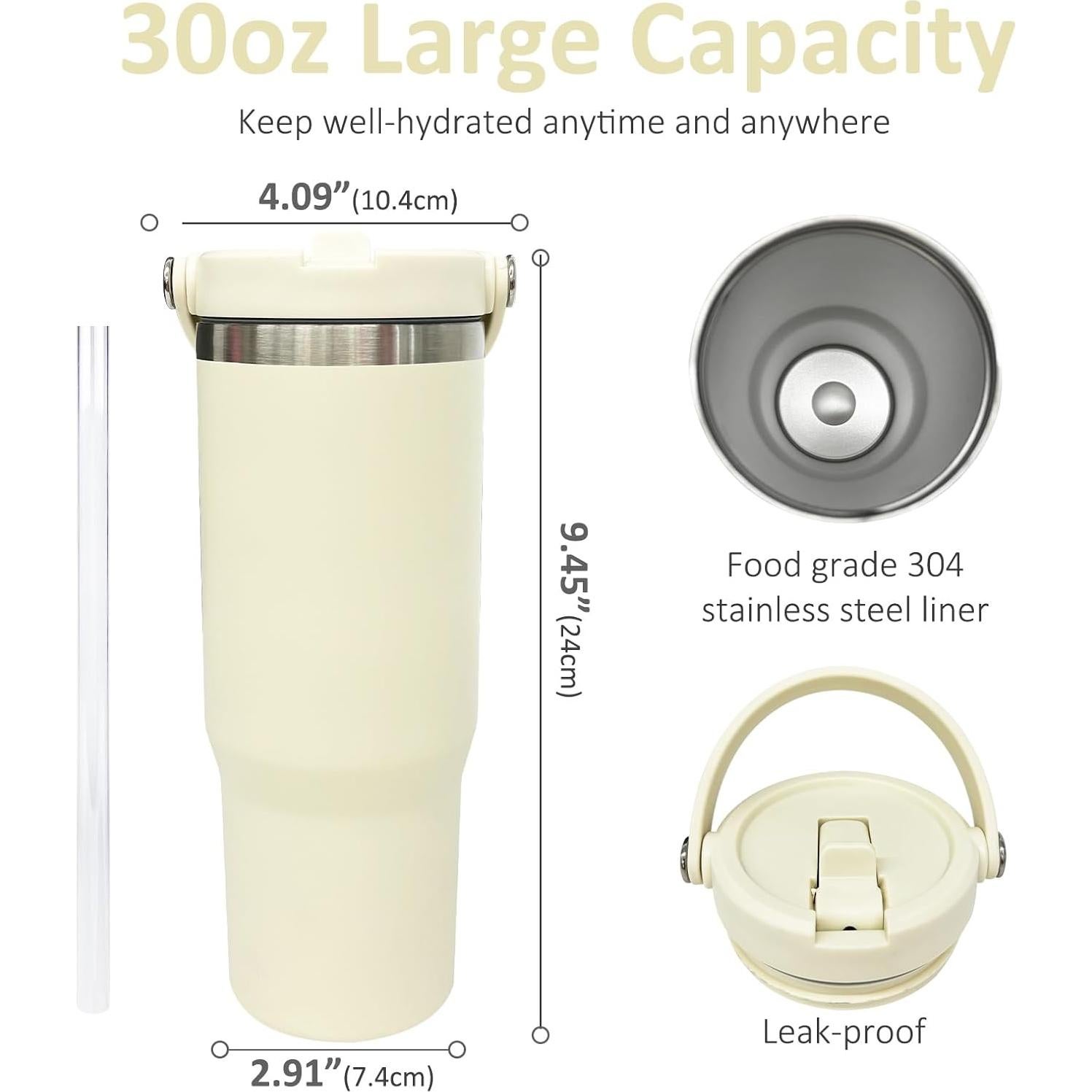 Taza de 30 oz FunTrans Doble Pared Aislada con Popote Crema