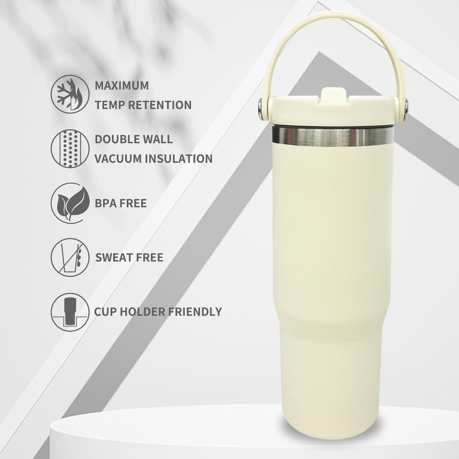 Taza de 30 oz FunTrans Doble Pared Aislada con Popote Crema