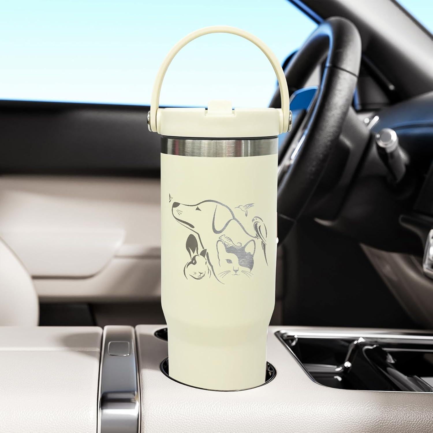 Taza de 30 oz FunTrans Doble Pared Aislada con Popote Crema