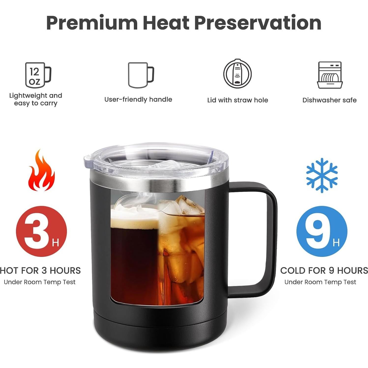 Taza de Café Aislada MEWAY 2 Unidades 12oz Acero Inoxidable Negro