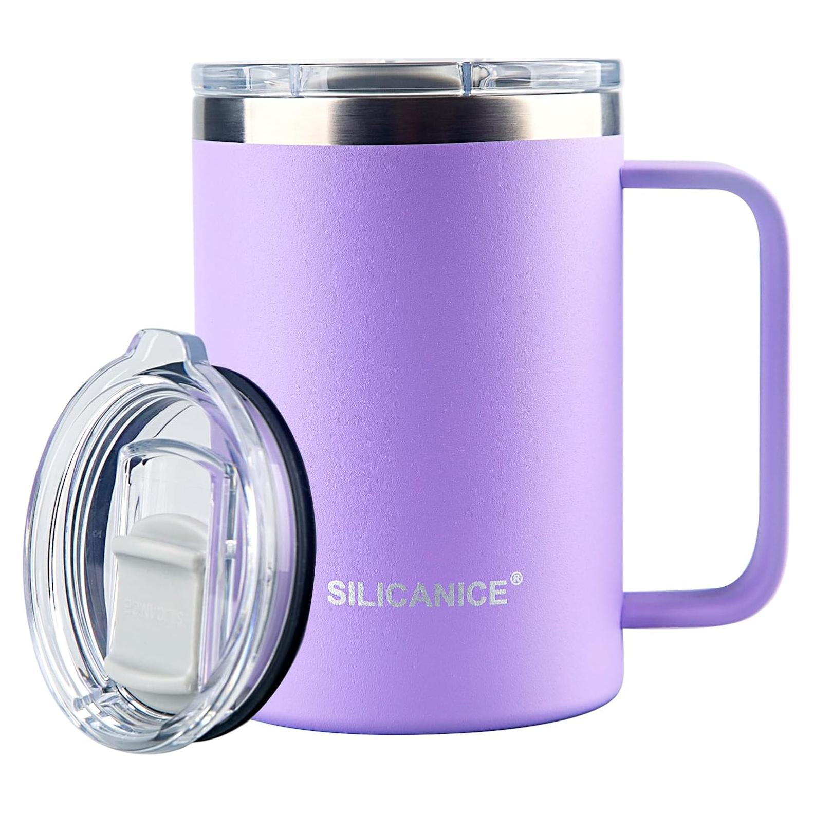 Taza de café aislada SILICANICE morada 396.9 ml con tapa