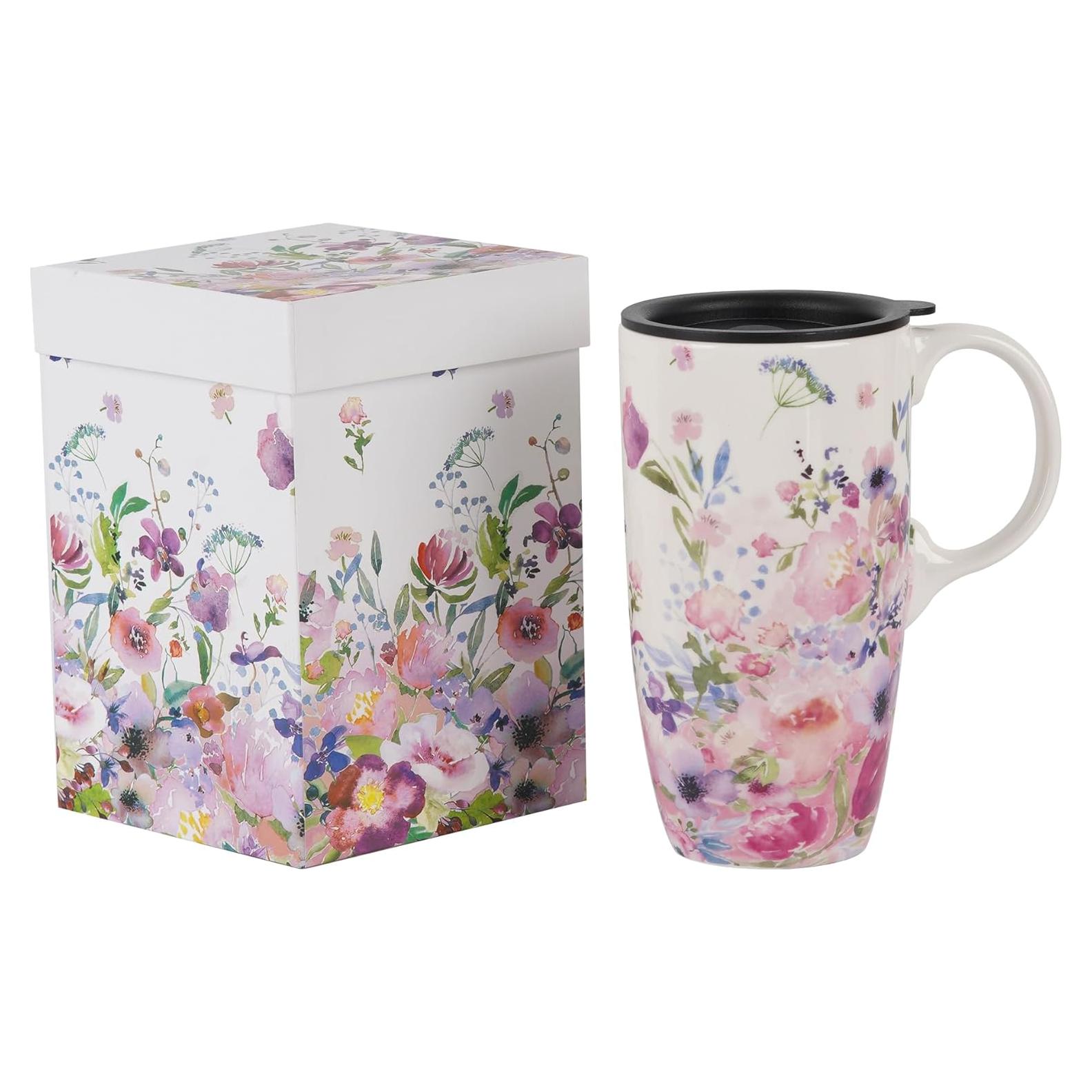Taza de Cerámica Voltogar 500ml Rosa Floral con Tapa