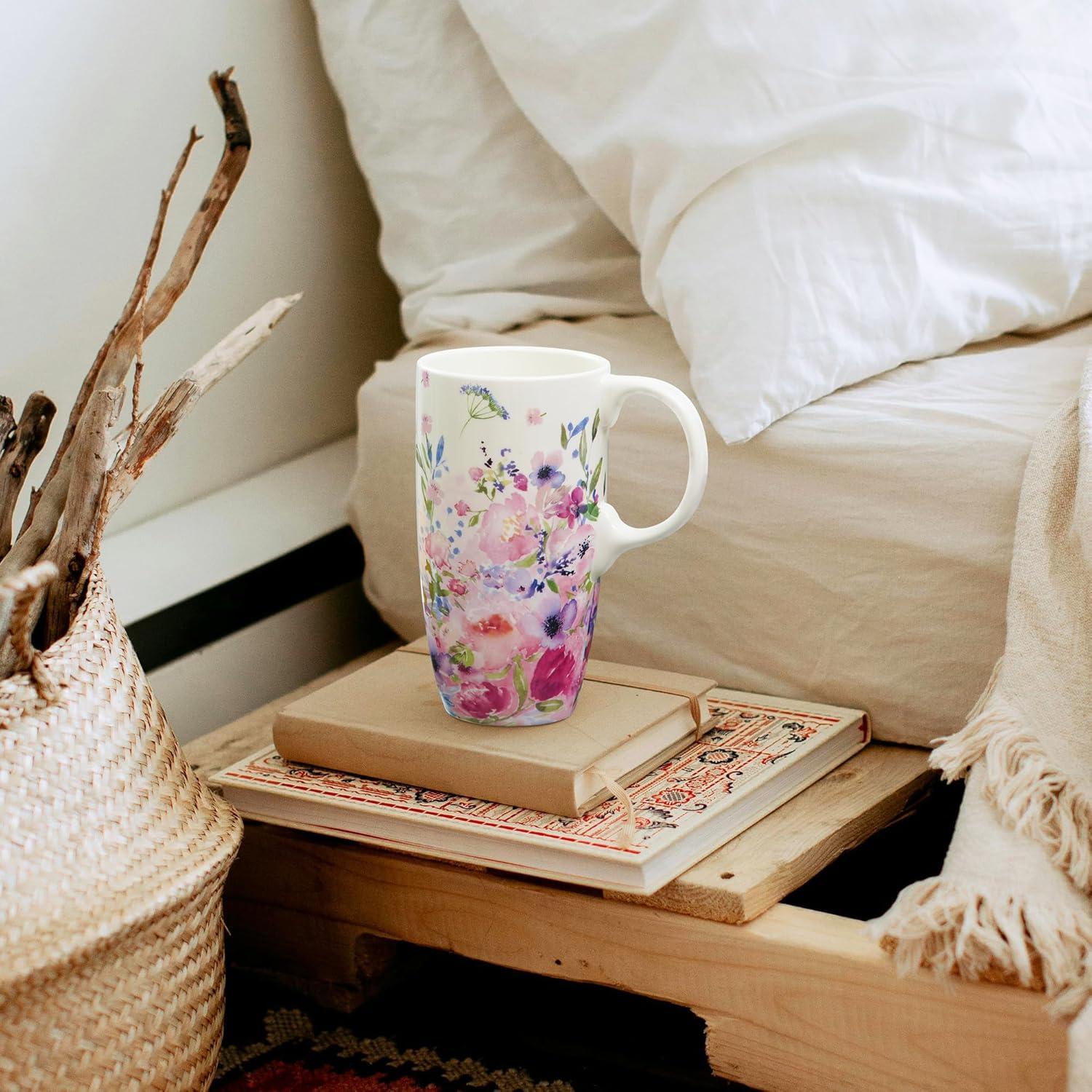 Taza de Cerámica Voltogar 500ml Rosa Floral con Tapa