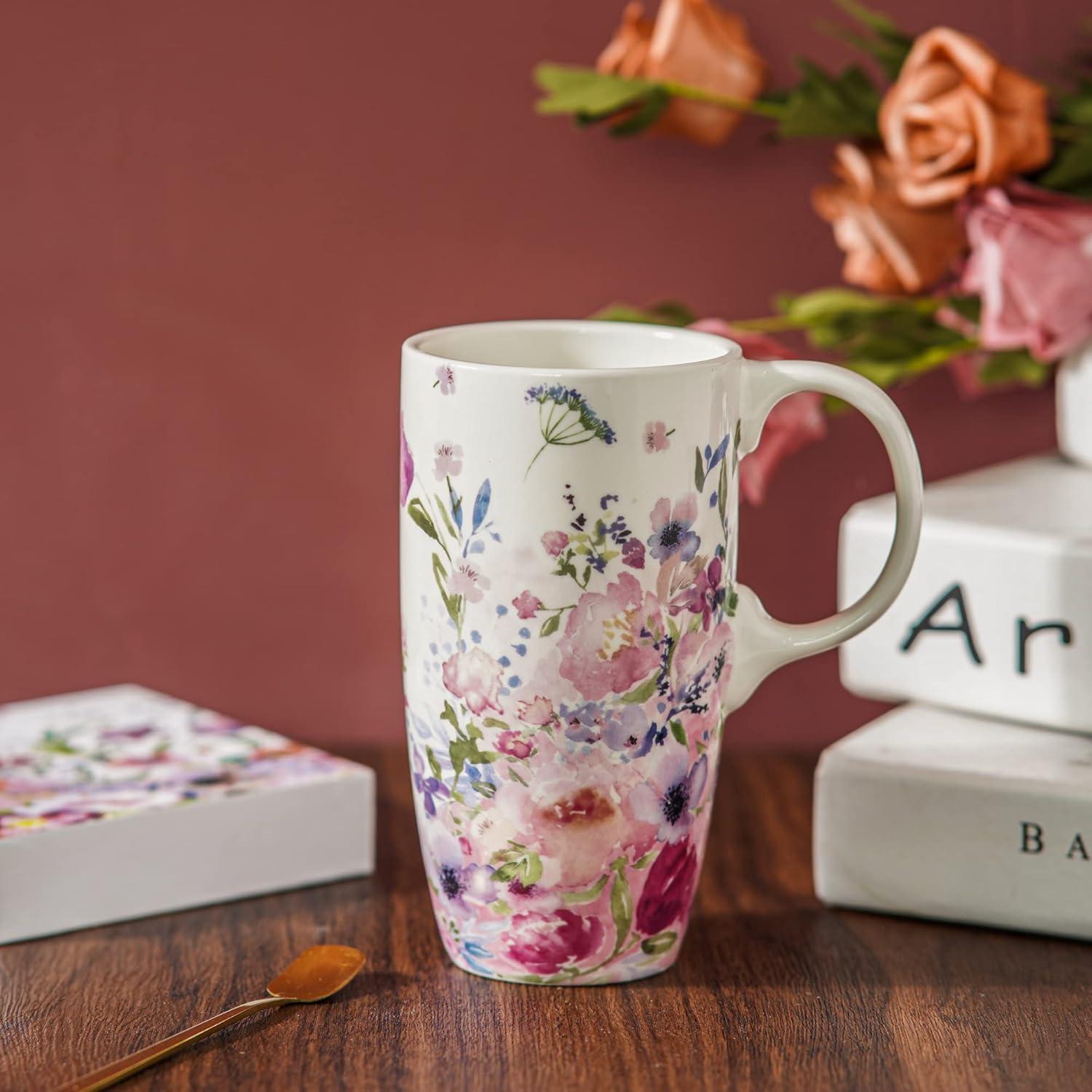 Taza de Cerámica Voltogar 500ml Rosa Floral con Tapa
