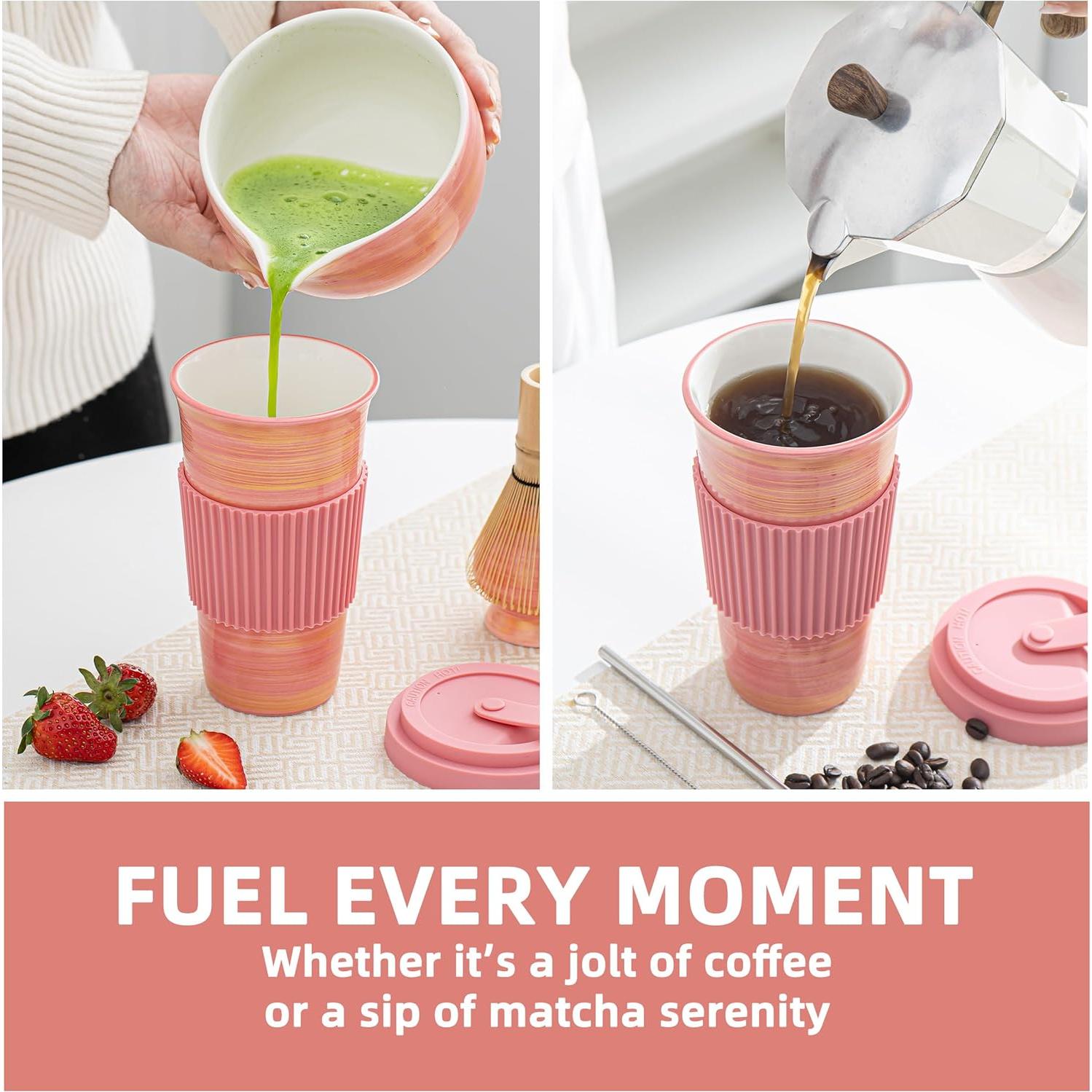 Taza de Viaje Cerámica Rosa TIANNA VALLEY 450ml A Prueba de Microondas