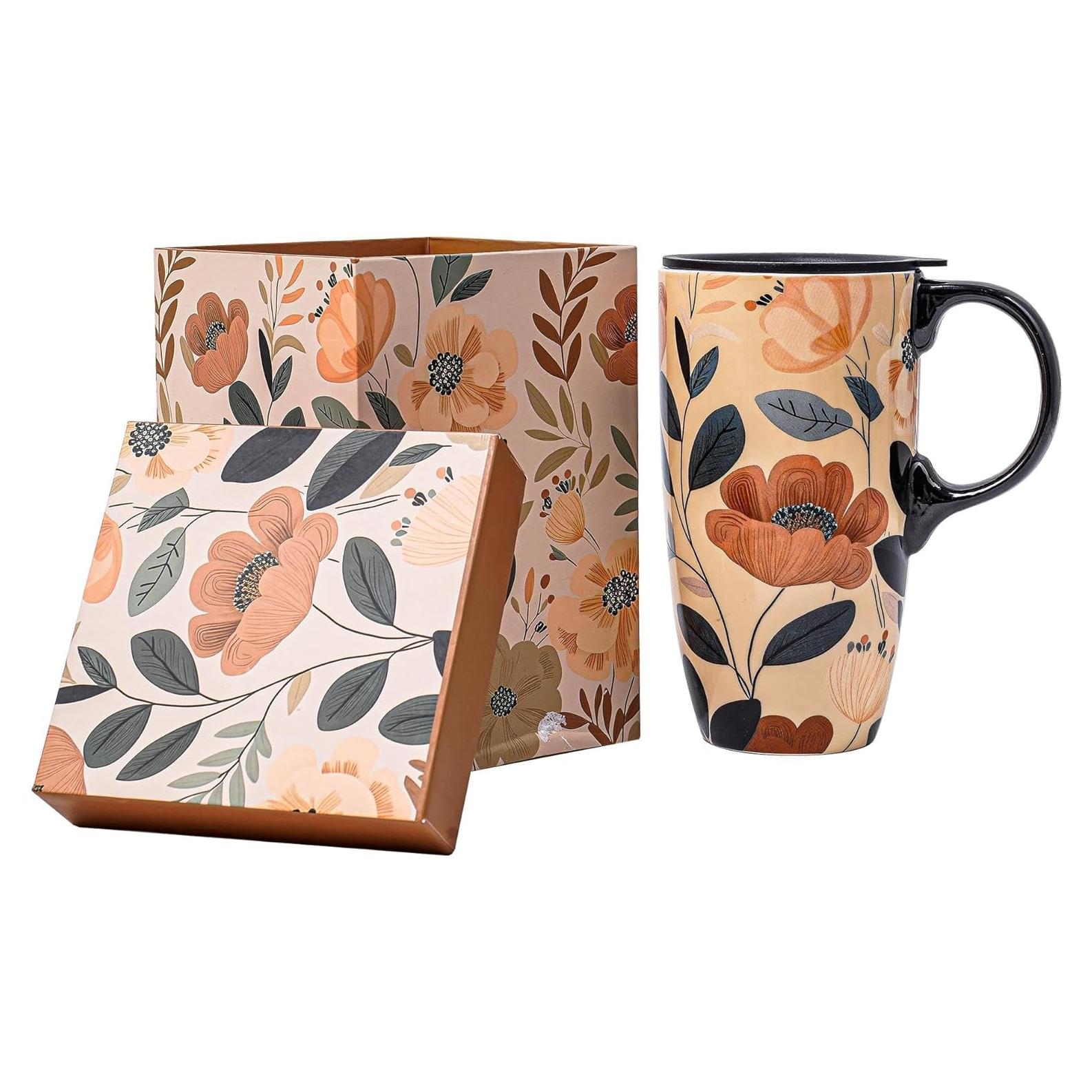 Taza de Cerámica Topadorn 0.48L Floral con Tapa y Asa