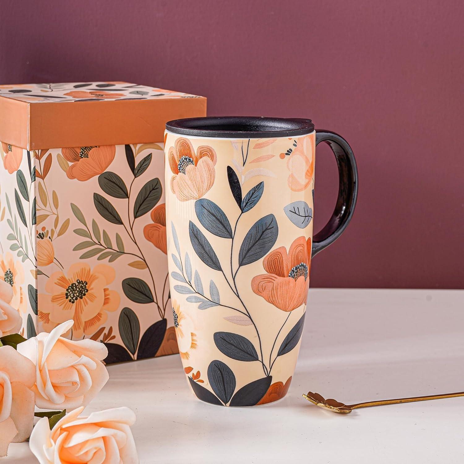 Taza de Cerámica Topadorn 0.48L Floral con Tapa y Asa