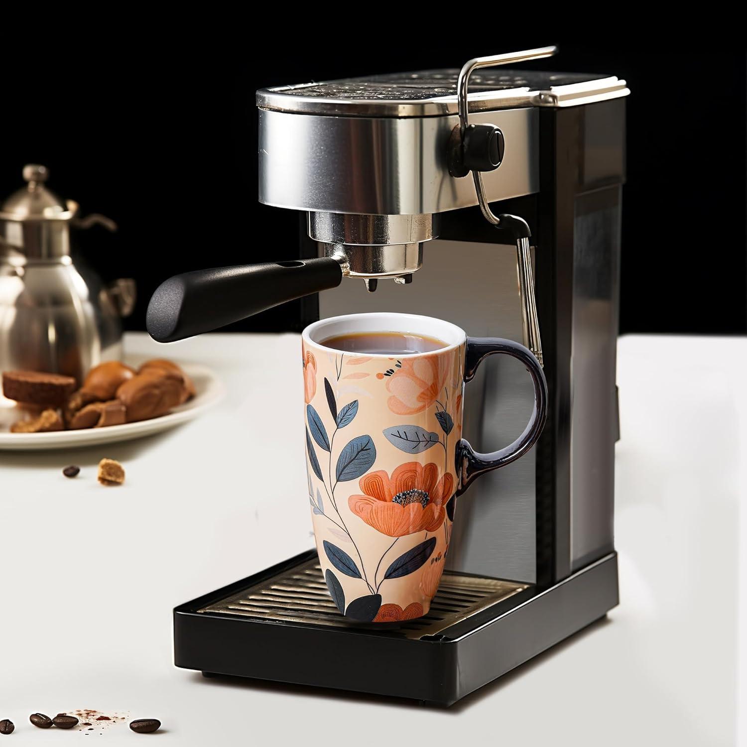 Taza de Cerámica Topadorn 0.48L Floral con Tapa y Asa