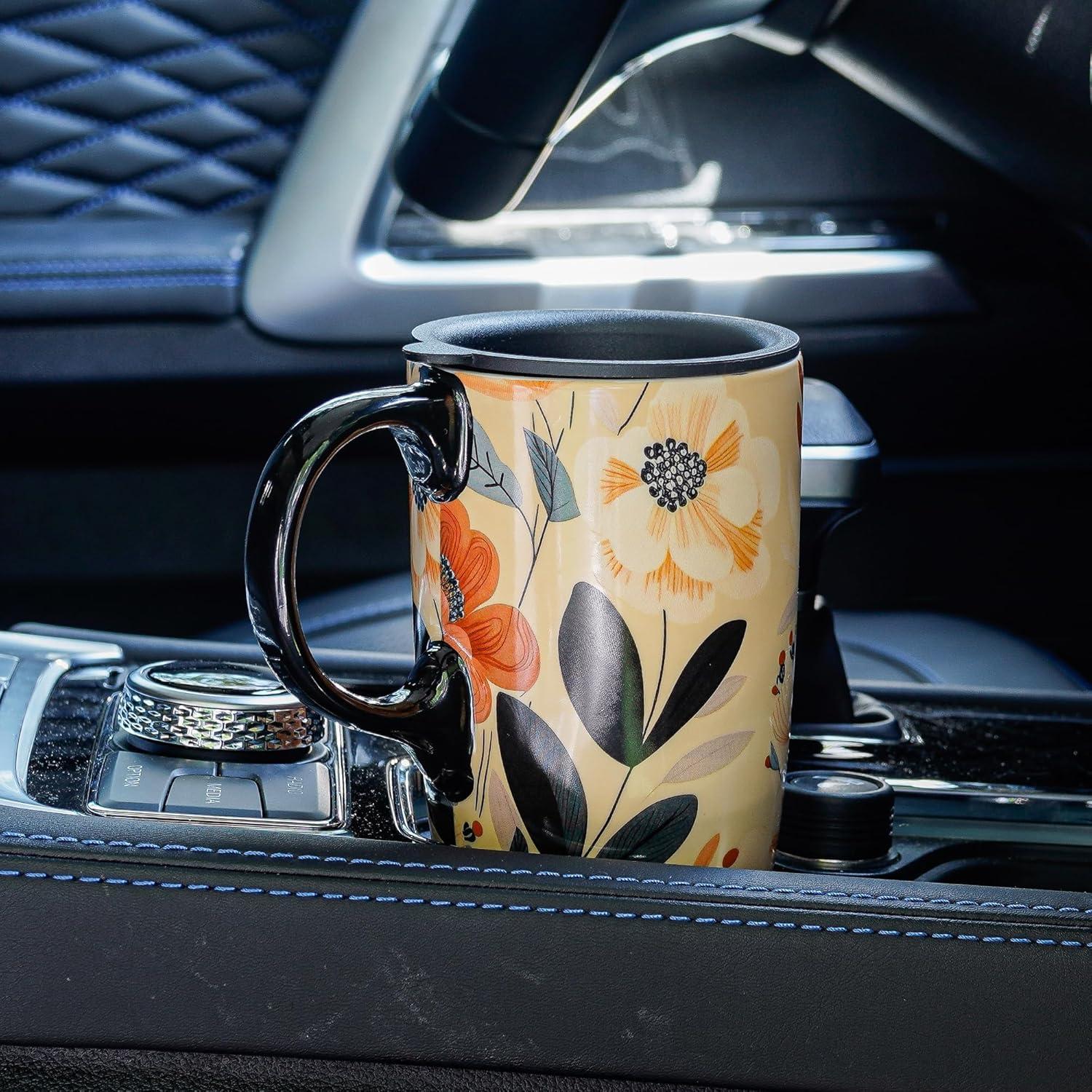 Taza de Cerámica Topadorn 0.48L Floral con Tapa y Asa