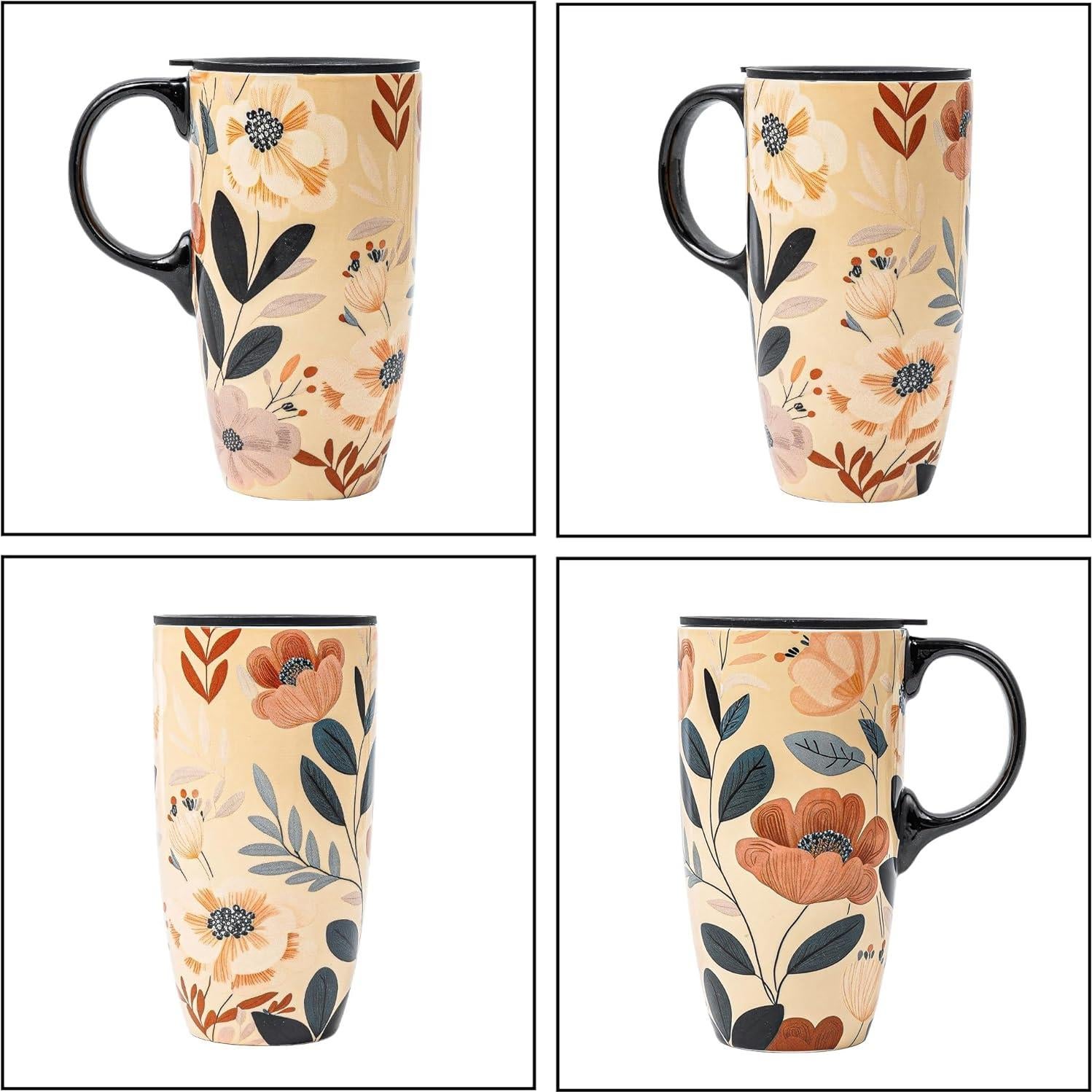 Taza de Cerámica Topadorn 0.48L Floral con Tapa y Asa