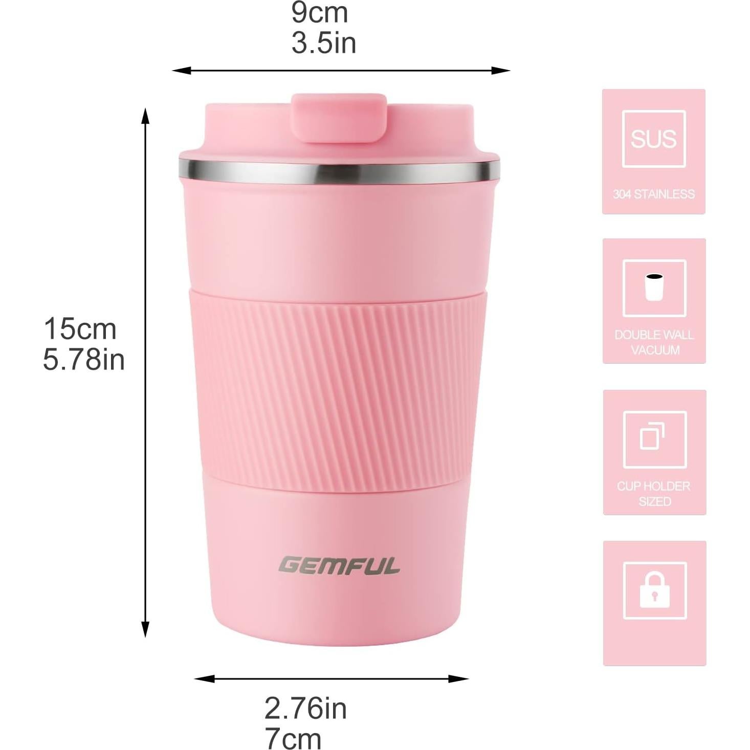Taza de Café de Viaje GEMFUL 13 oz Acero Inoxidable Rosa