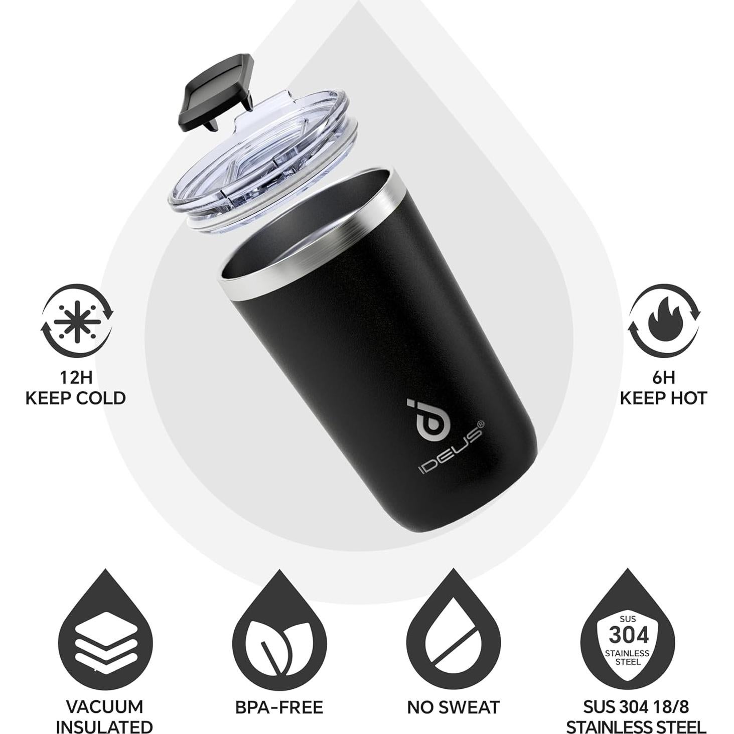 Taza de Café Aislada Ideus 20 oz Acero Inoxidable Negro