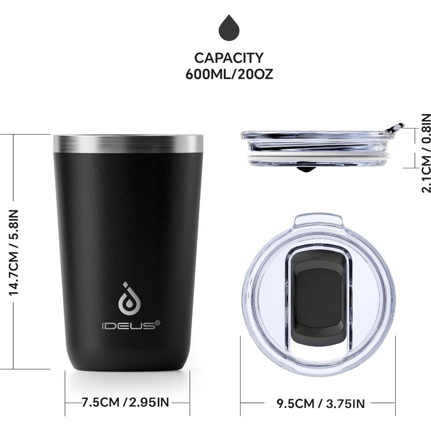 Taza de Café Aislada Ideus 20 oz Acero Inoxidable Negro