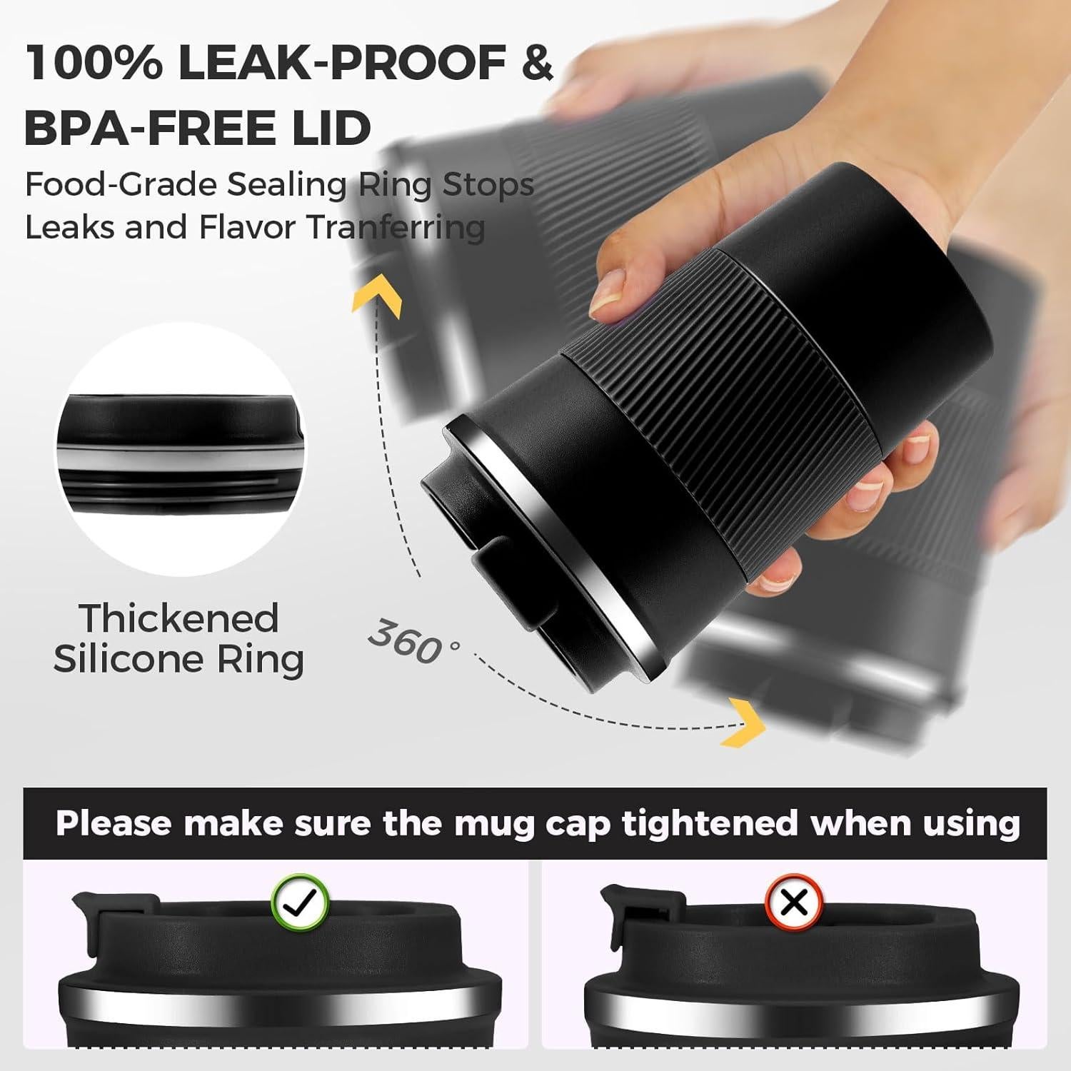 Taza de Café Aislada Volhoply 13 oz Acero Inoxidable Negro