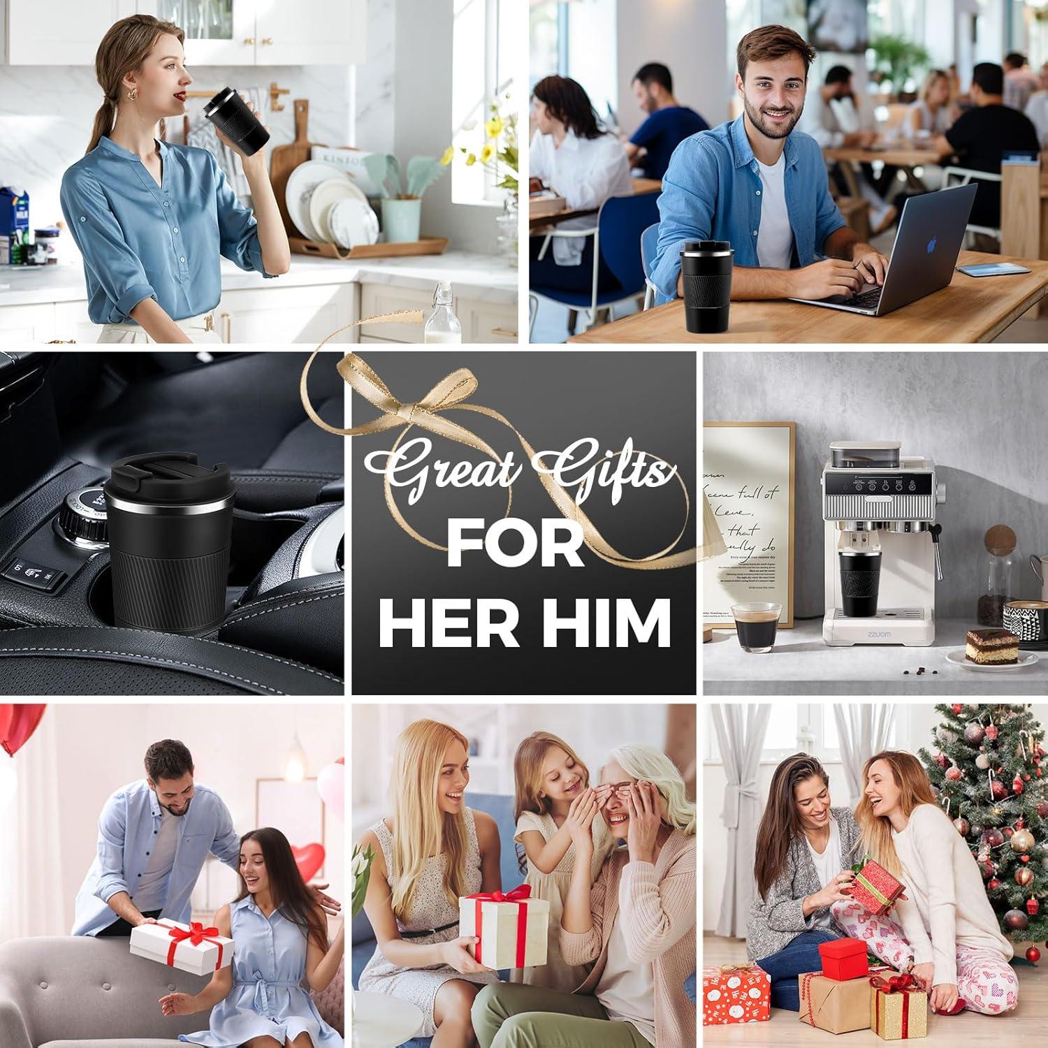 Taza de Café Aislada Volhoply 13 oz Acero Inoxidable Negro