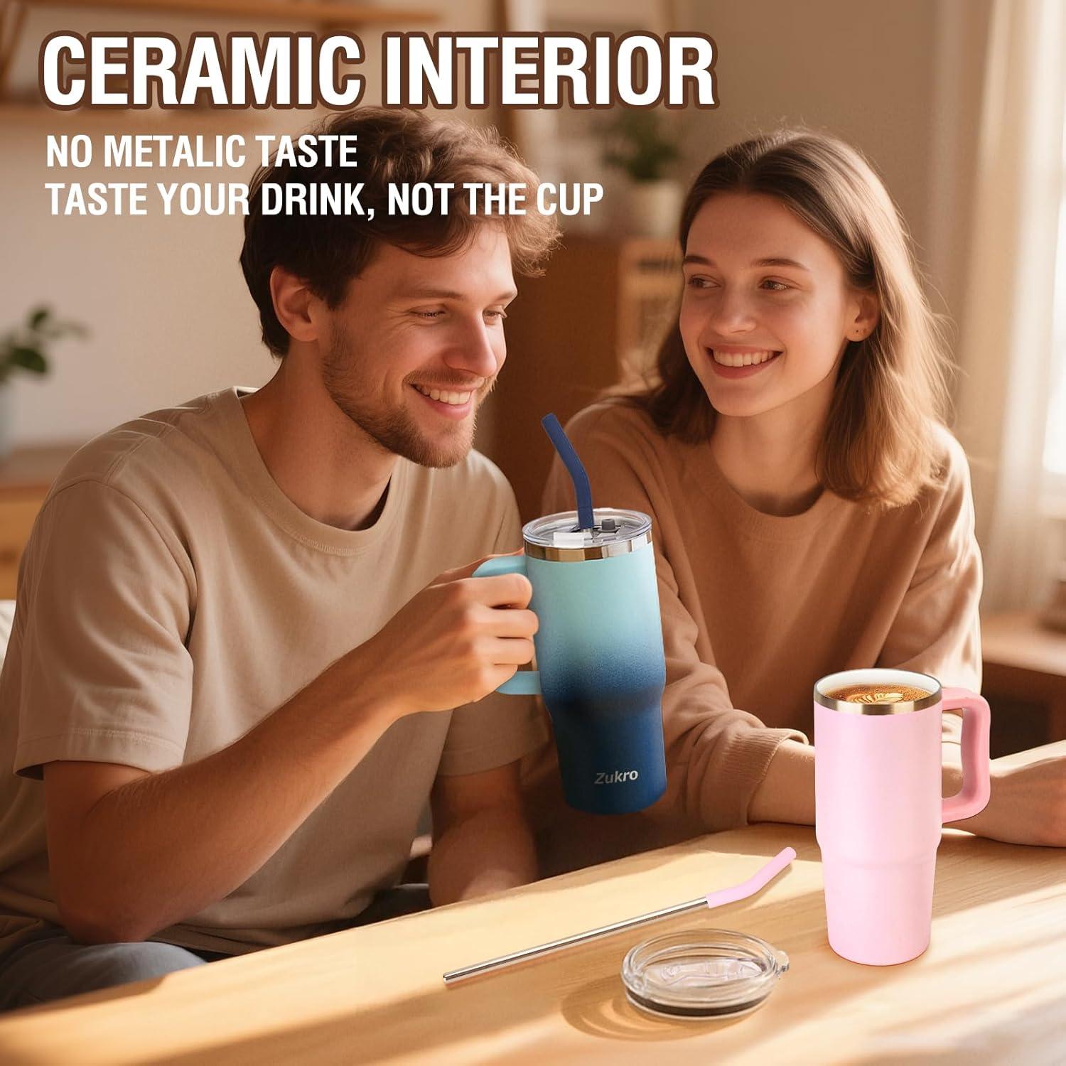 Vaso Aislado de Cerámica Zukro 24 oz con Asa y Popote Negro