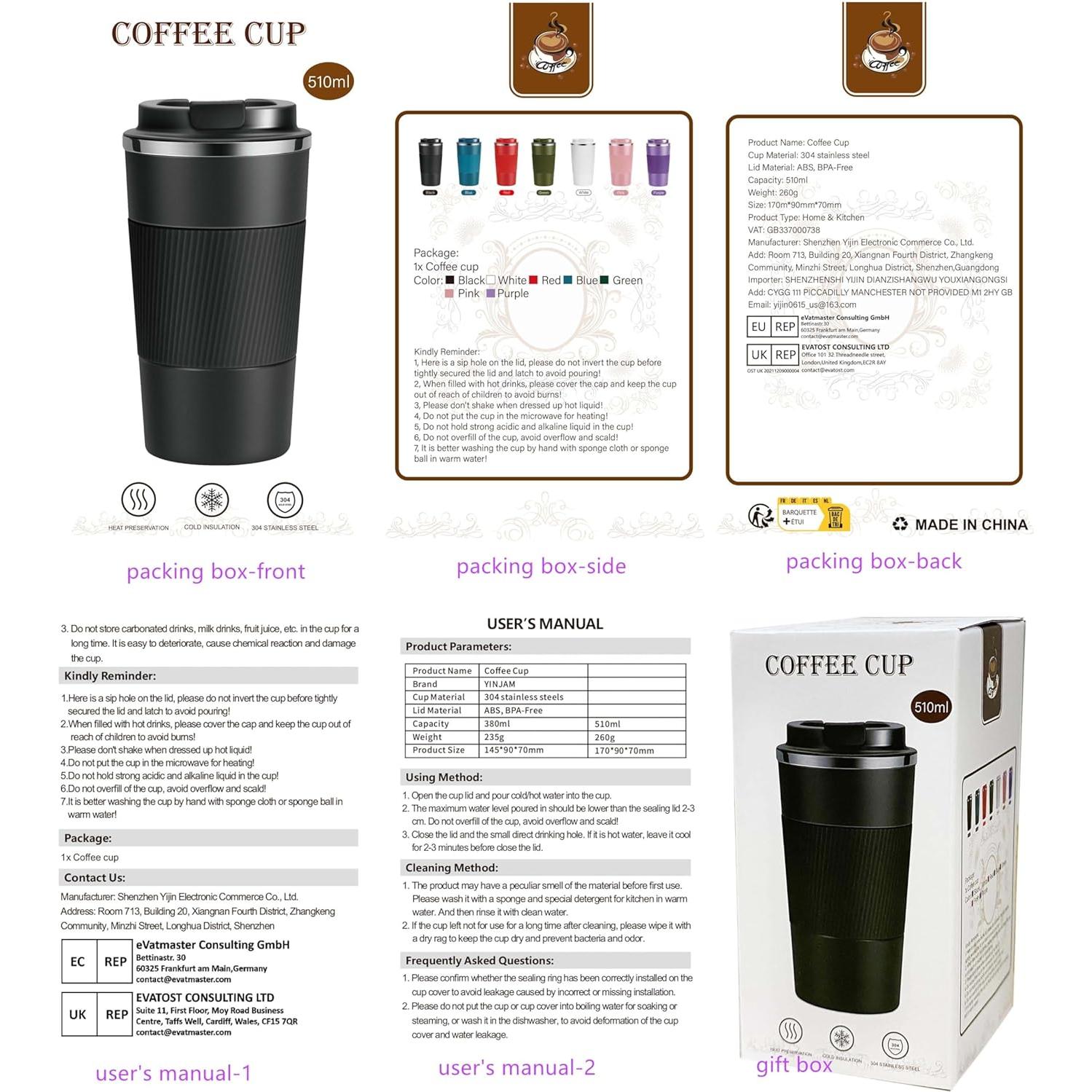 Taza de Café de Viaje YINJAM 500ml Acero Inoxidable Doble Pared